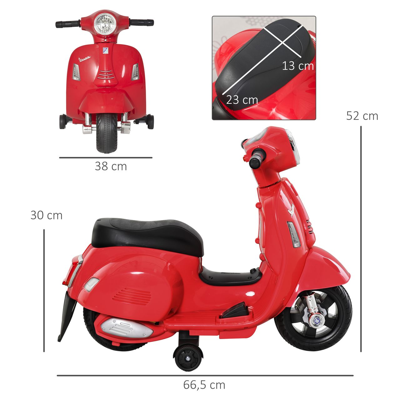 HOMCOM VESPA Elektromotorrad Kindermotorrad Elektrofahrzeug 18-36 Monate 3 km/h LED-Licht Sound PP-kunststoff Metall Rot 66,5 x 38 x 52 cm