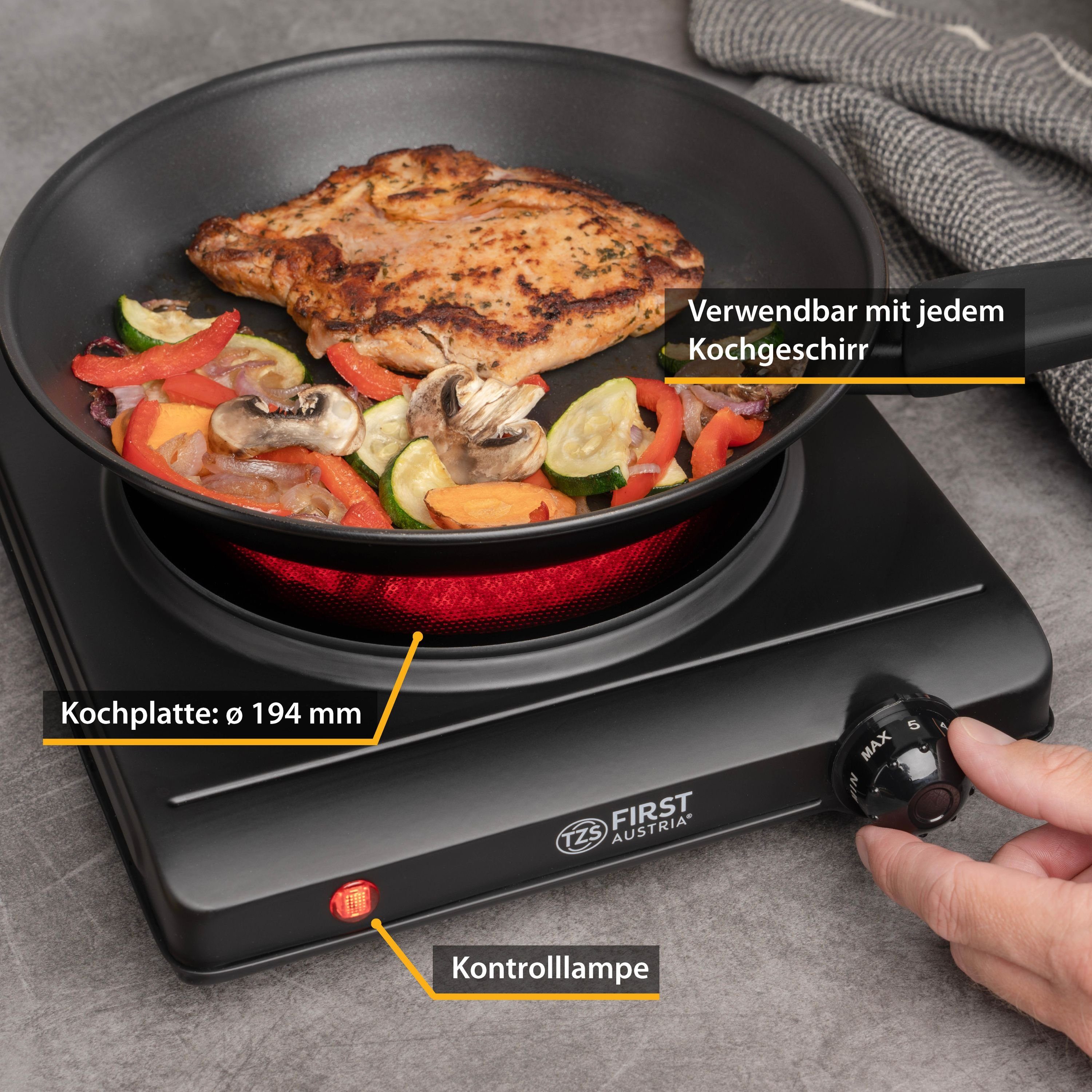 TZS FIRST AUSTRIA Einzelkochplatte Infrarot Kochplatte, 1250W, Keramik, stufenlose Temperaturregelung, Kochfeld Schwarz, Herdplatte für Camping