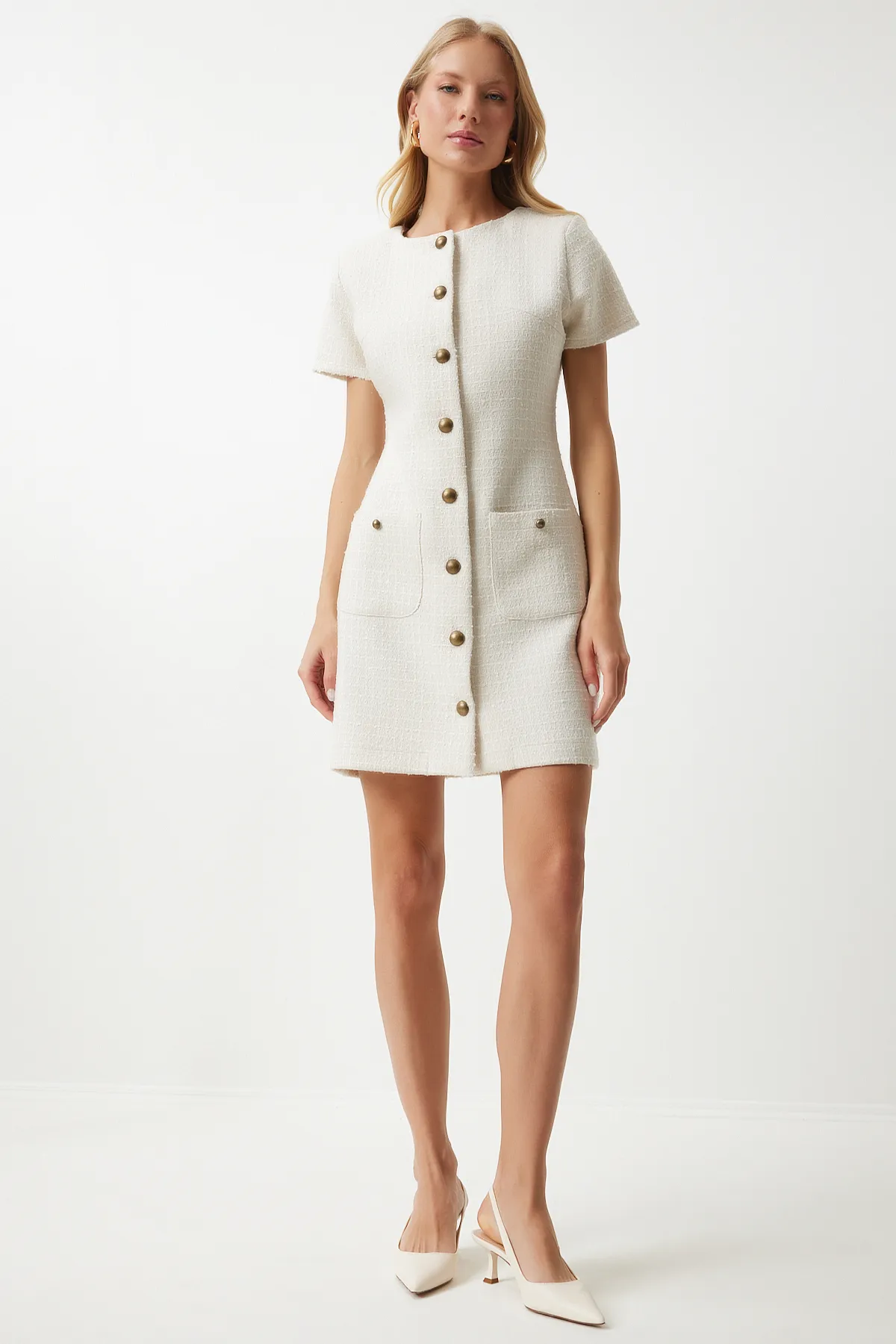 Happiness İstanbul  Geknöpftes Mini-Tweedkleid mit Knochentaschen für Damen KJ00009