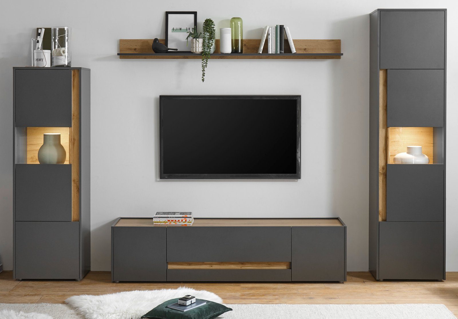 Furn.Design Wohnwand Center, (Set in grau und Wotan Eiche, 4-teilig), mit Vitrinen