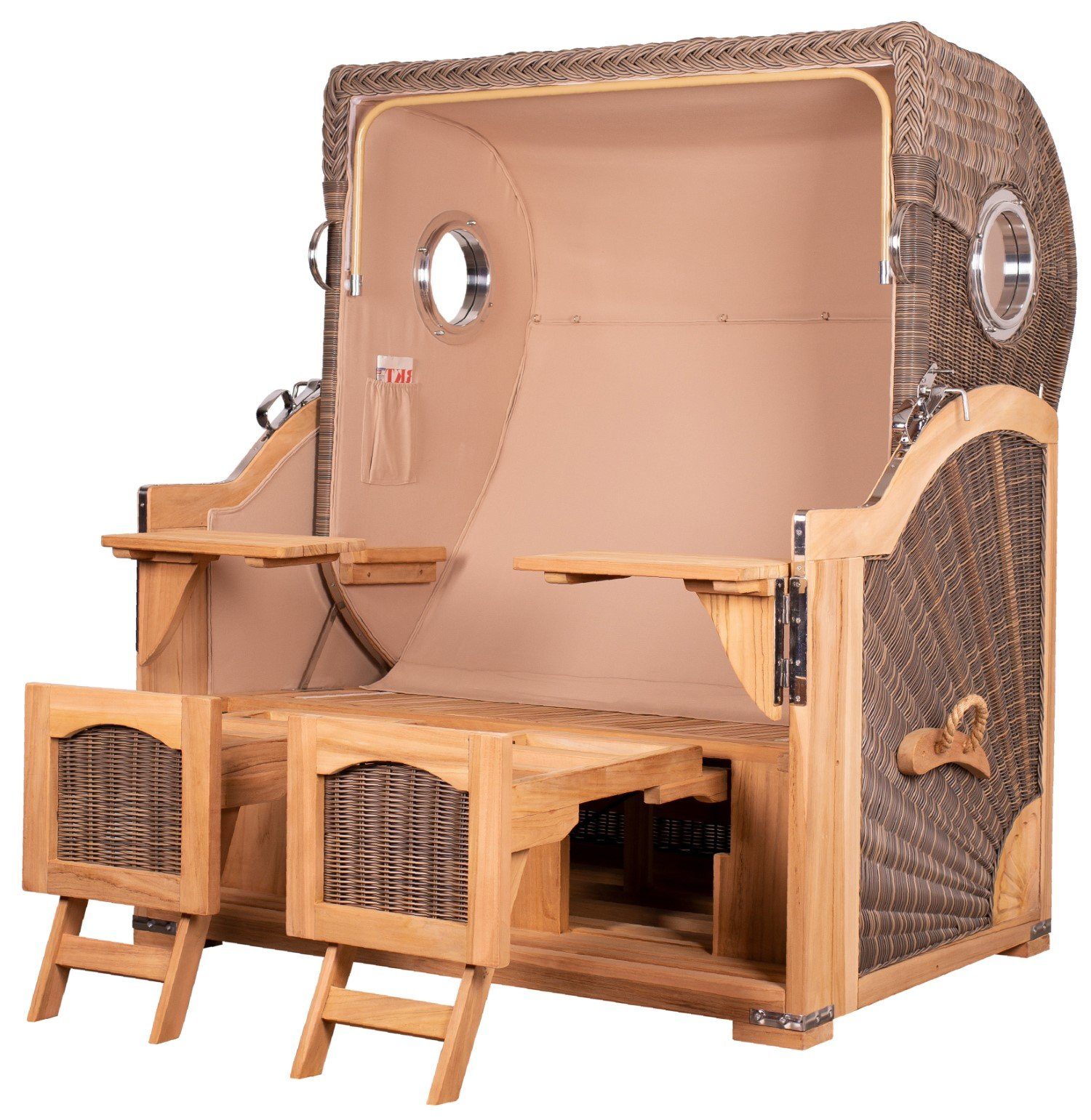 bene living Strandkorb Ammersee Grande XL Teak - PE grau - Modell 505, BxTxH: 142x95x165 cm, Volllieger ca. 175 Grad, Ostsee-Strandkorb Komplettset, inkl. Liftersystem und Bullaugen