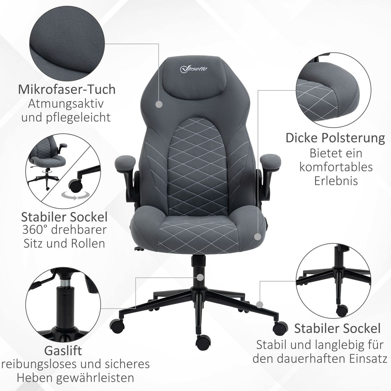 Vinsetto Bürostuhl Ergonomisch Schreibtischstuhl, Computerstuhl mit Wippfunktion