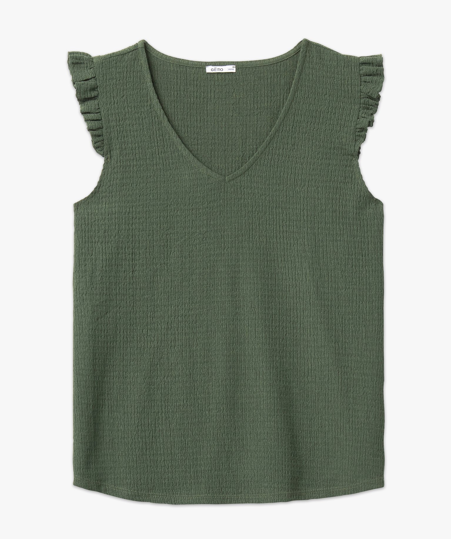 Tee-shirt col V avec volants aux emmanchures femme grande ta... vert | GEMO