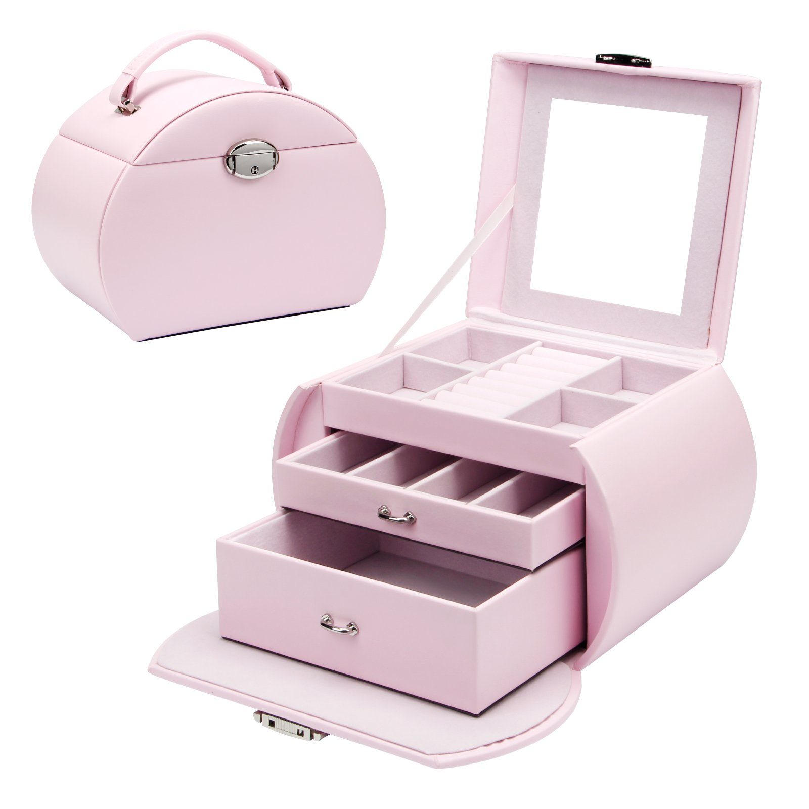 Yorbay Schmuckkasten Schmuckkoffer komplett abschließbar Schmuckkasten Pink (Mit 3 Ebenen, Mit Spiegel), Schmuckkästchen für Halsketten, Ringe, Armbänder, Ohrringe, Brille