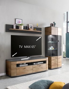 58 aufm Kessel Wohnwand Wohnkombination Jacinthe 235x171x46 Eiche/Anthrazit/Anthrazit HG 10181, (Komplettset, 3-St), Türen mit Selbsteinzug und Dämpfung