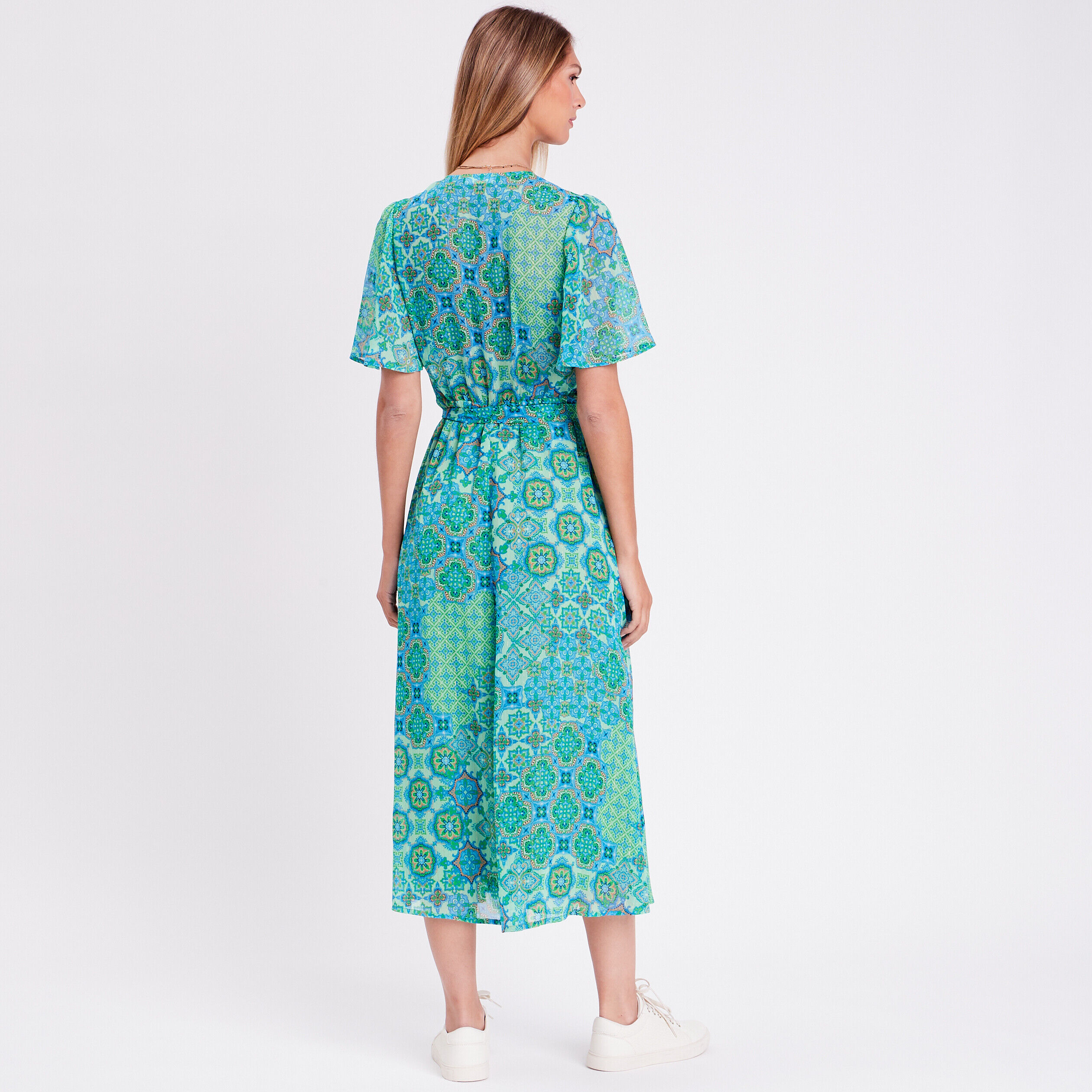 Robe longue évasée ceinturée vert femme | Cache Cache