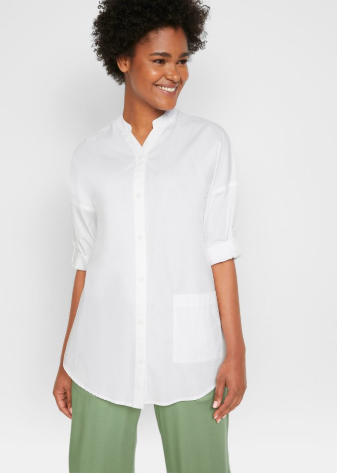 Popeline Bluse mit Tasche mit Turn-Up Ärmel