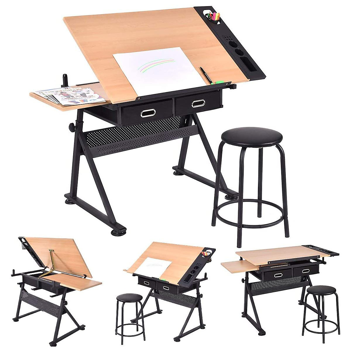 Schreibtisch mit Hocker höhenverstellbar neigbar