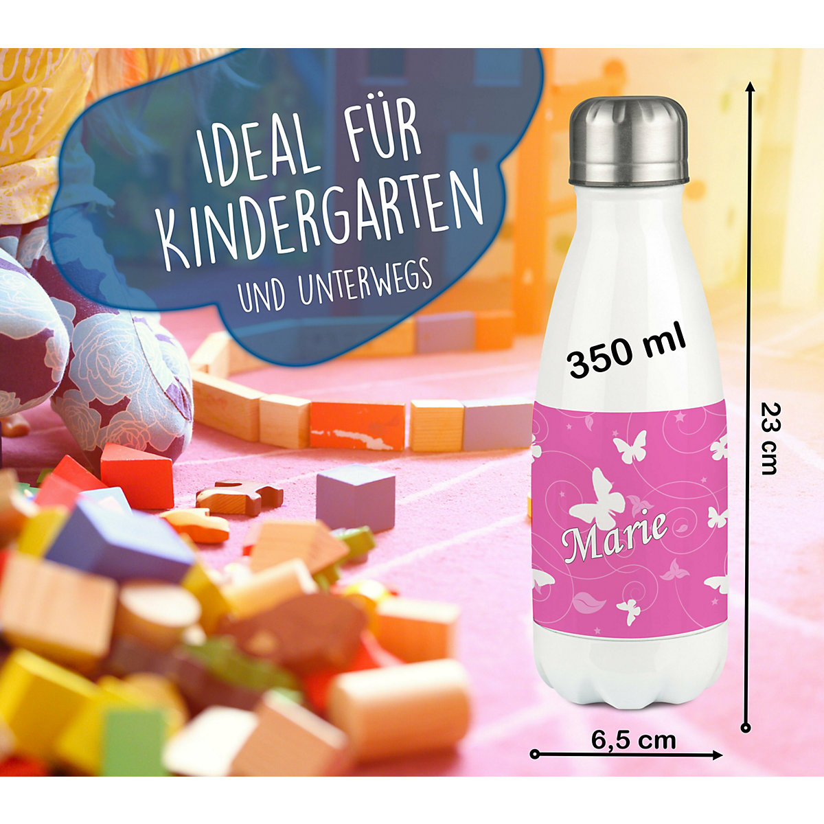 Edelstahl Kinder Thermoflasche / Trinkflasche bunt Schmetterling Ornamente Farbe rosa Spülmaschinenfest, Auslaufsicher, Bruchfest, Doppelwandig, Für Heißgetränke geeignet, Mit Deckel, Isoliert