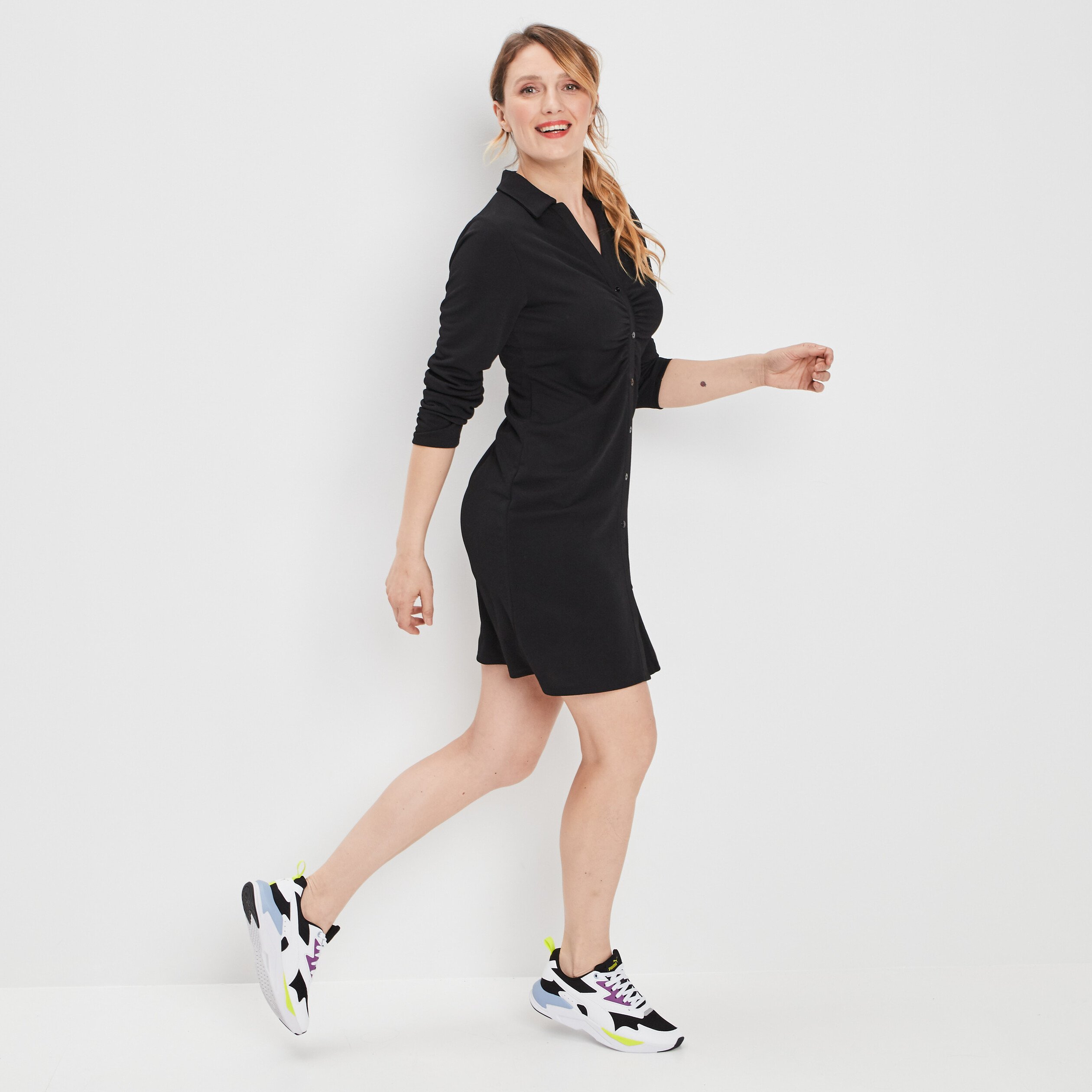 Robe ajustée froncée noir femme | La Halle