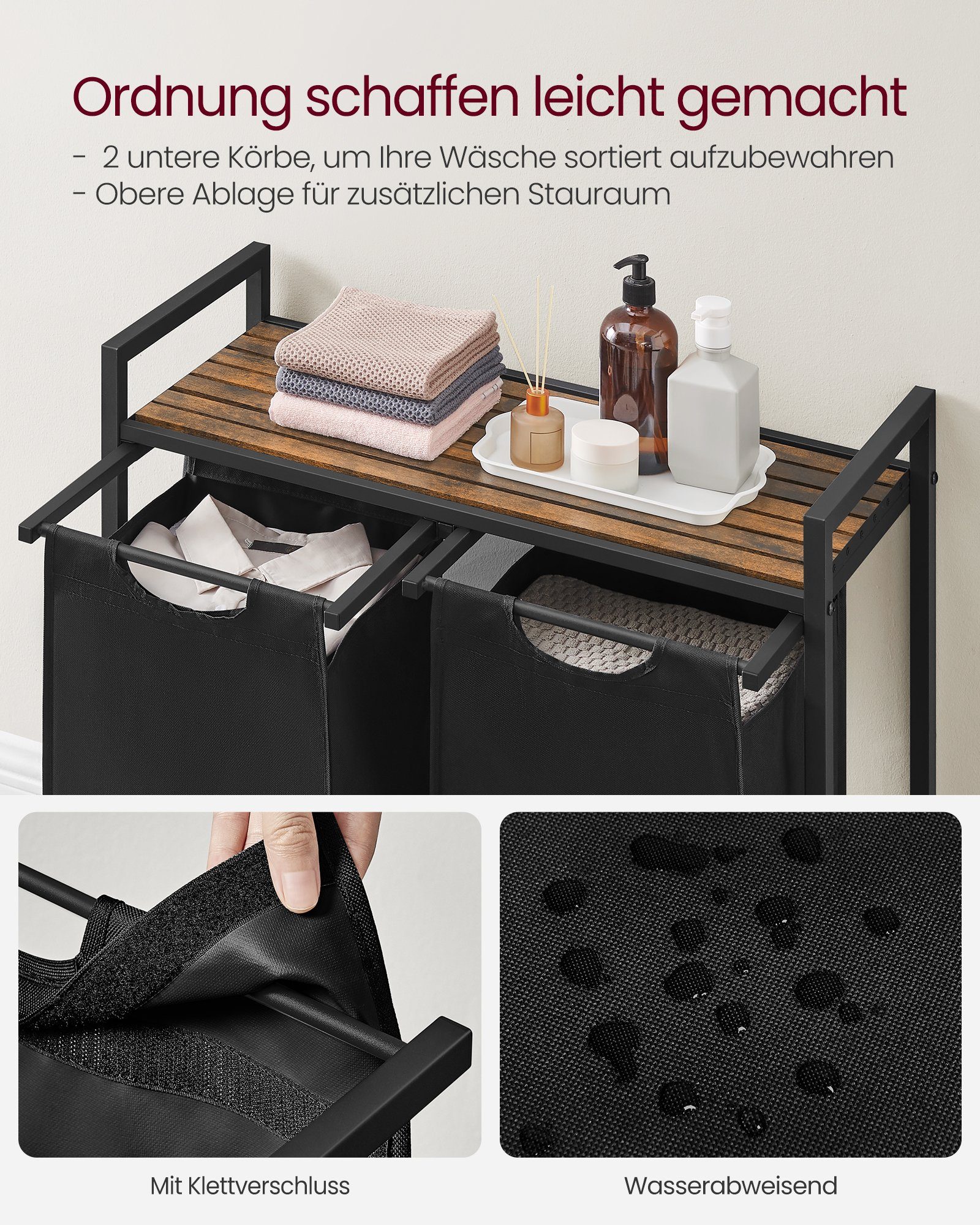 VASAGLE Wäschekorb, 2 Wäschesäcke aus Oxford-Gewebe, abnehmbar, 2 x 46 L