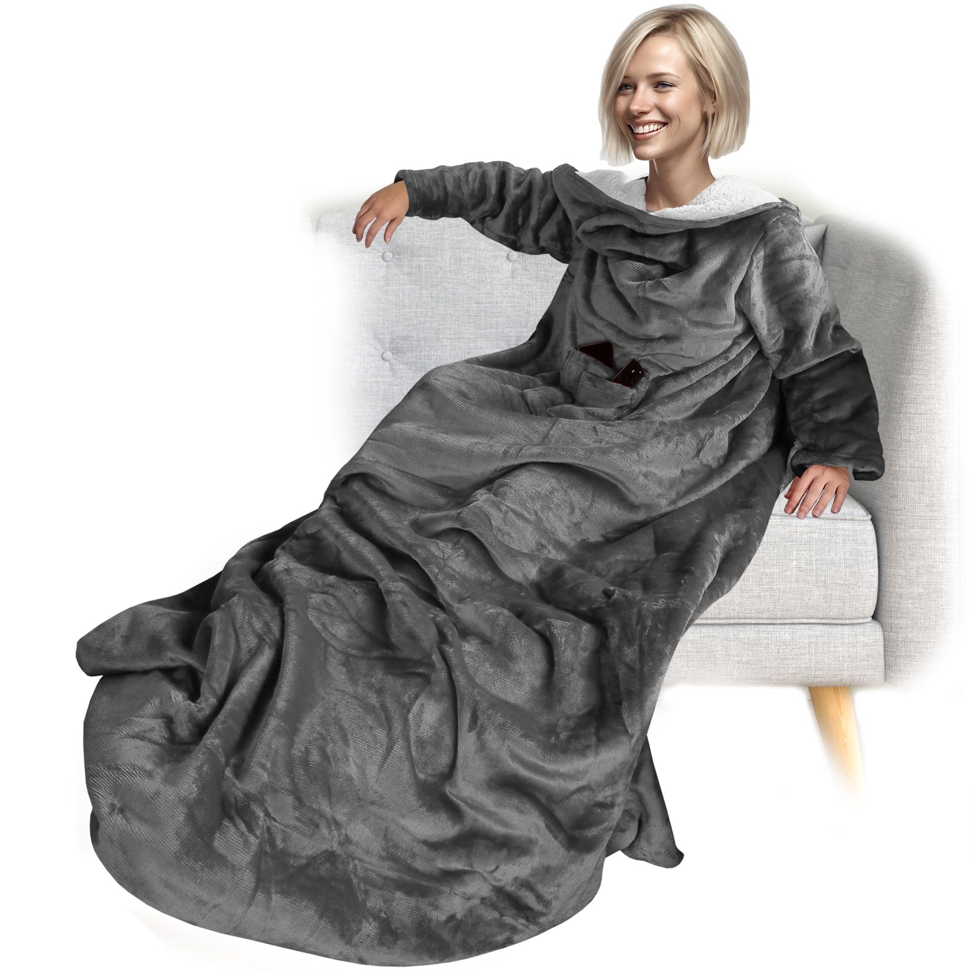 Wohndecke Ärmeldecke CozyWear mit wärmender Sherpa Innenseite Luxus TV Decke, NYVI, Tragbare Flannell Kuscheldecke mit Ärmeln, 2 Brusttaschen & Fußtasche