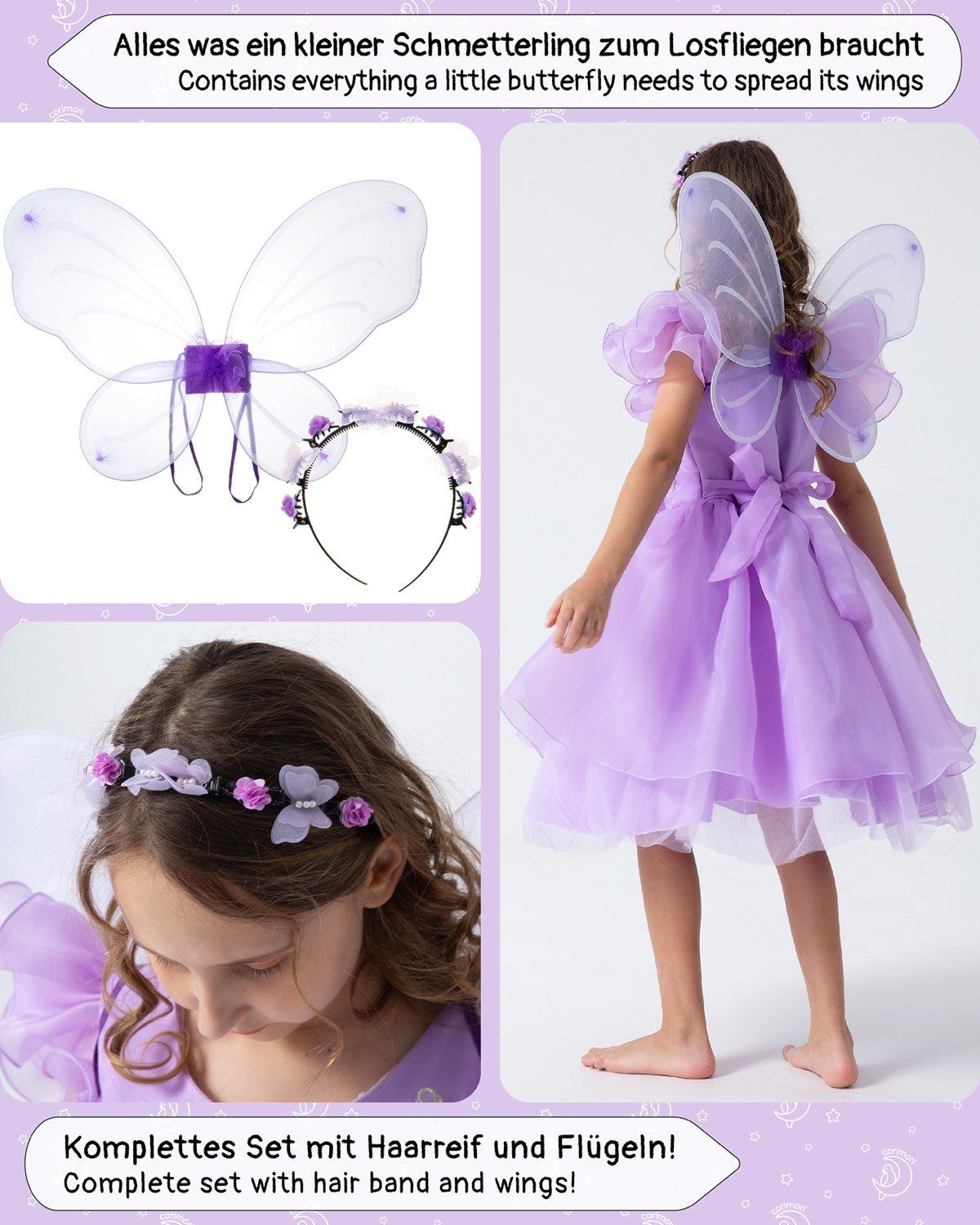 Corimori Prinzessin-Kostüm Prinzessin Kleid Kostüm-Set für Kinder Schmetterling, mit Tattoos & Haarband, Feen-Kleid, Fasching, lila, Fee, Mädchen
