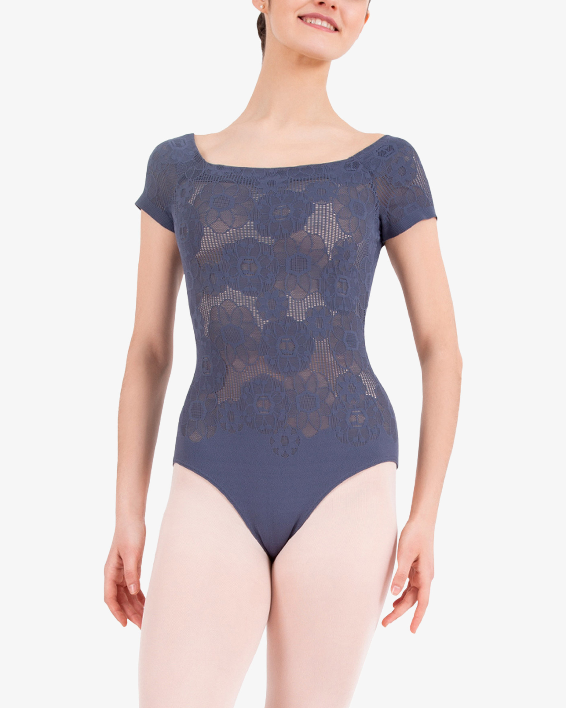 Short sleeves rosette lace leotard