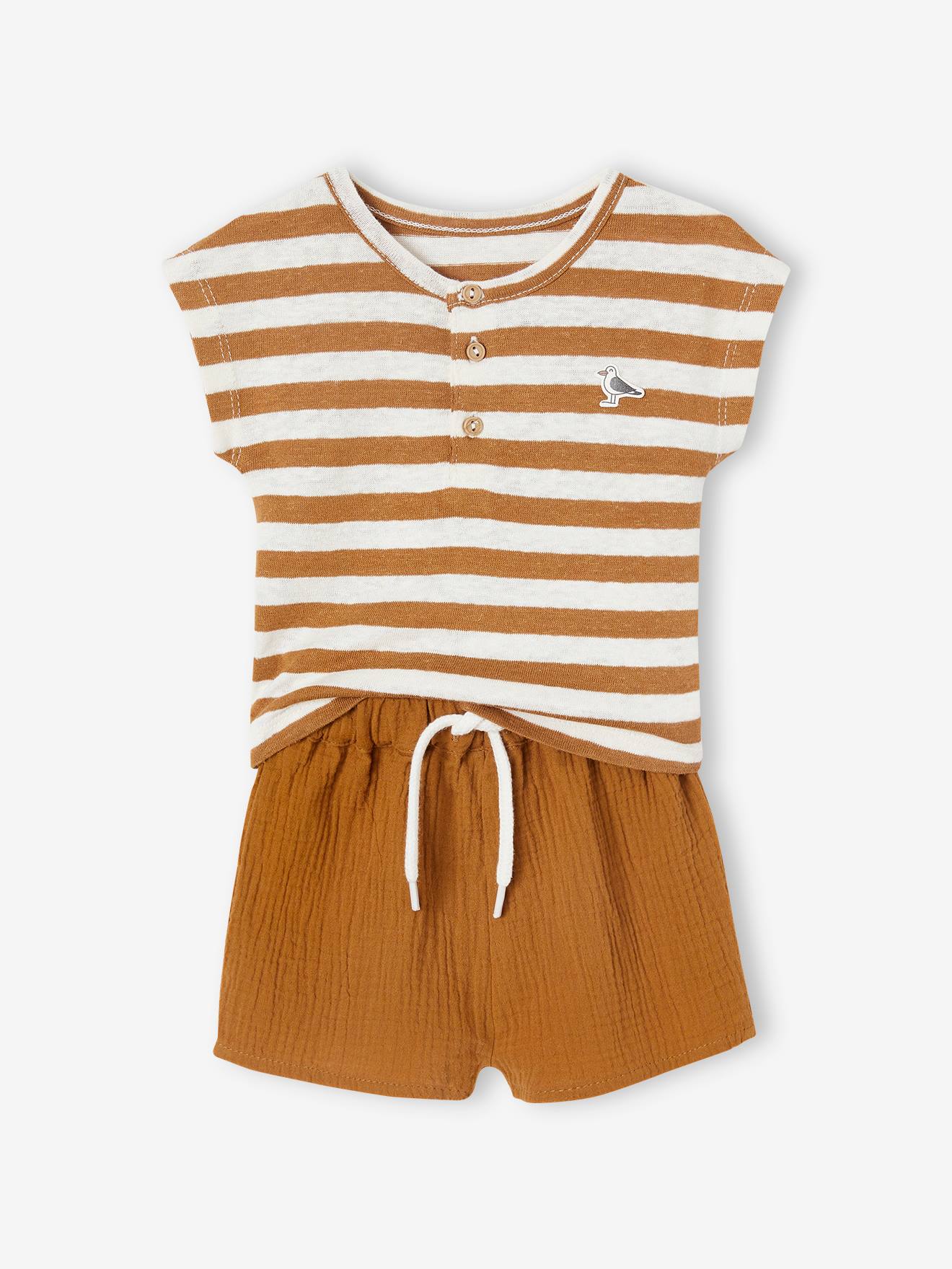 Ensemble bébé T-shirt rayé et short uni caramel
