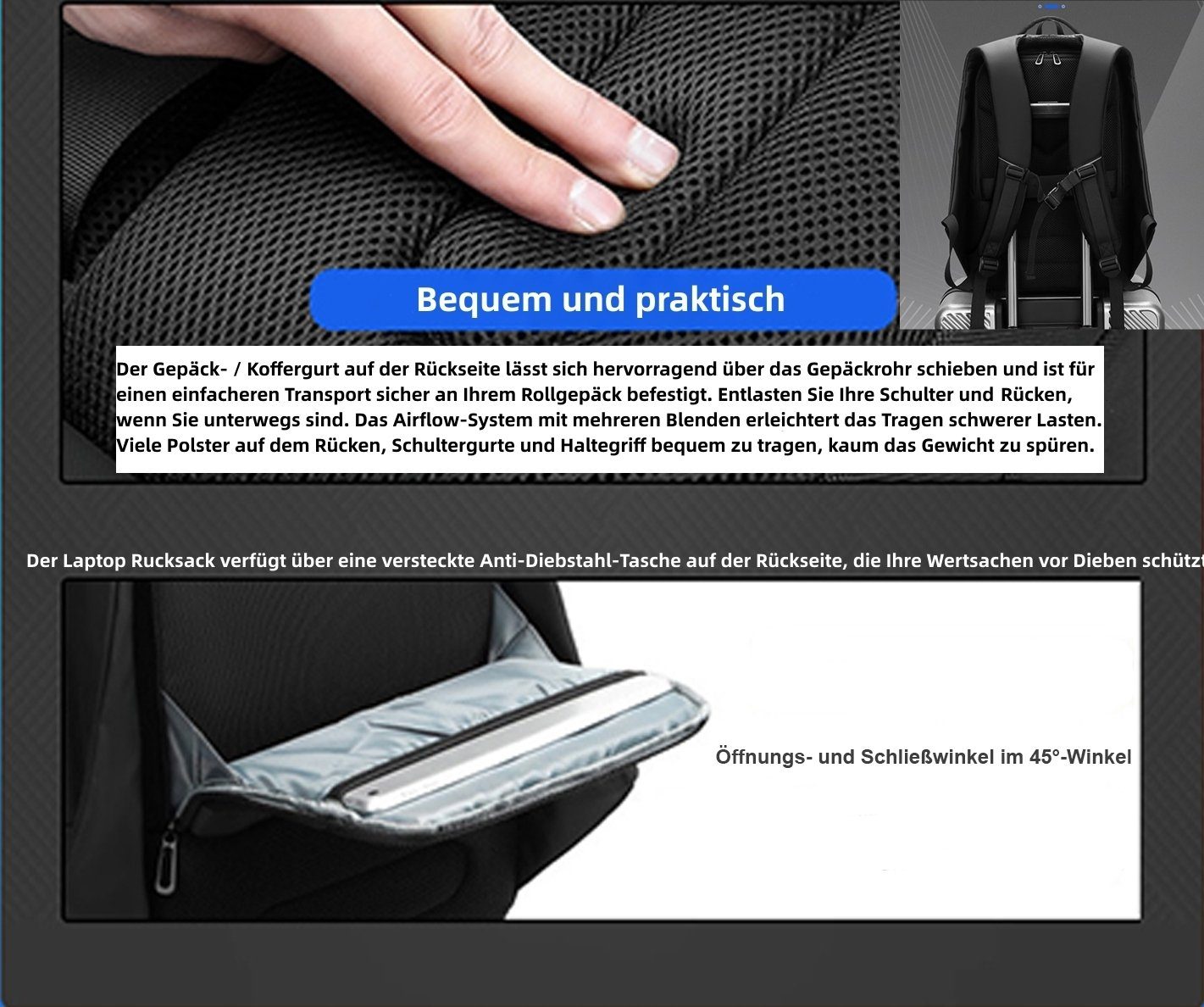 WISHDOR Reiserucksack Laptoprucksack Laptop Rucksack Rucksäcke Freizeitrucksack Laptoptasche (Kunstleder Reisen Notebook Laptop Tasche Schule Uni Rucksack Handgepäck, mit USB-Lade-Anschluss, Anti-Diebstahl, Backpack mit Laptopfach), für Herren Damen
