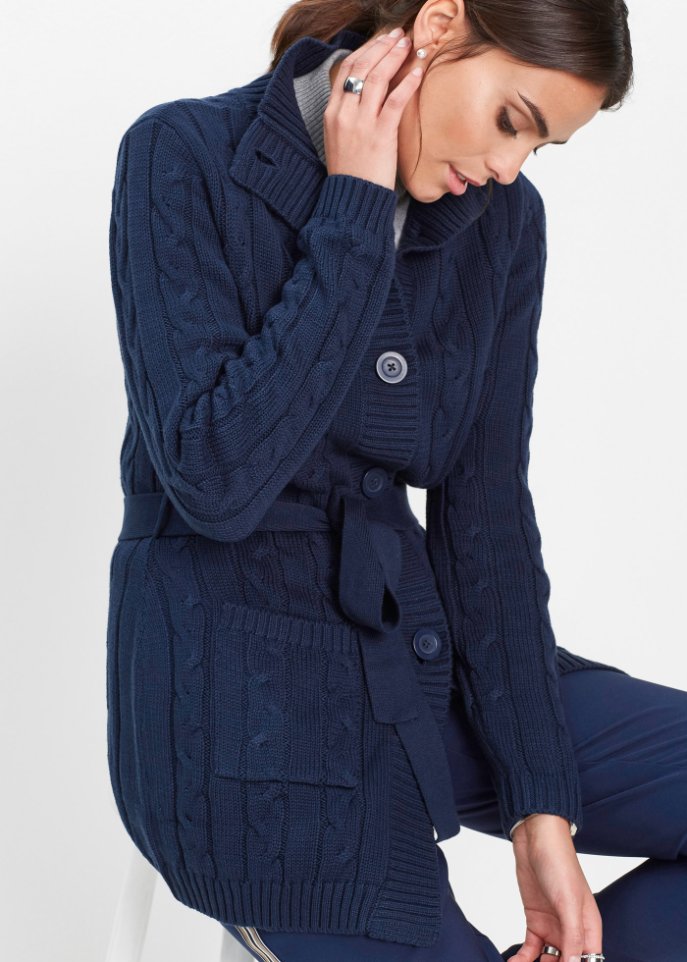 Longstrickjacke mit Zopfmuster