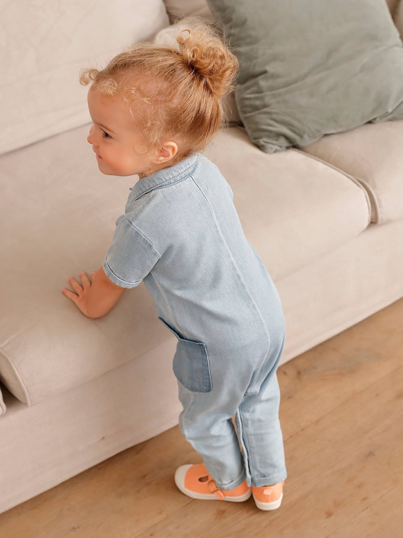 Combinaison manches courtes bébé en denim denim bleached