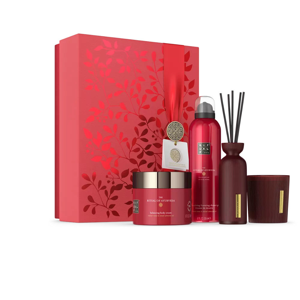 Coffret cadeau Le Rituel de l'Ayurveda : gel douche moussant 200 ml, crème pour le corps 200 ml, bougie parfumée 140 g, mini bâtonnets parfumés 70 ml