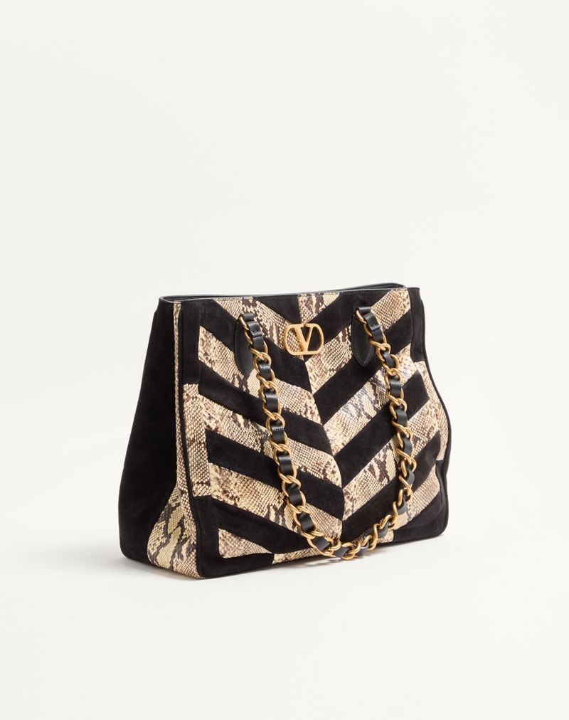 Bolsa Valentino Garavani Laseine Shopping Bag em Python e Camurça com Estampa Chevron