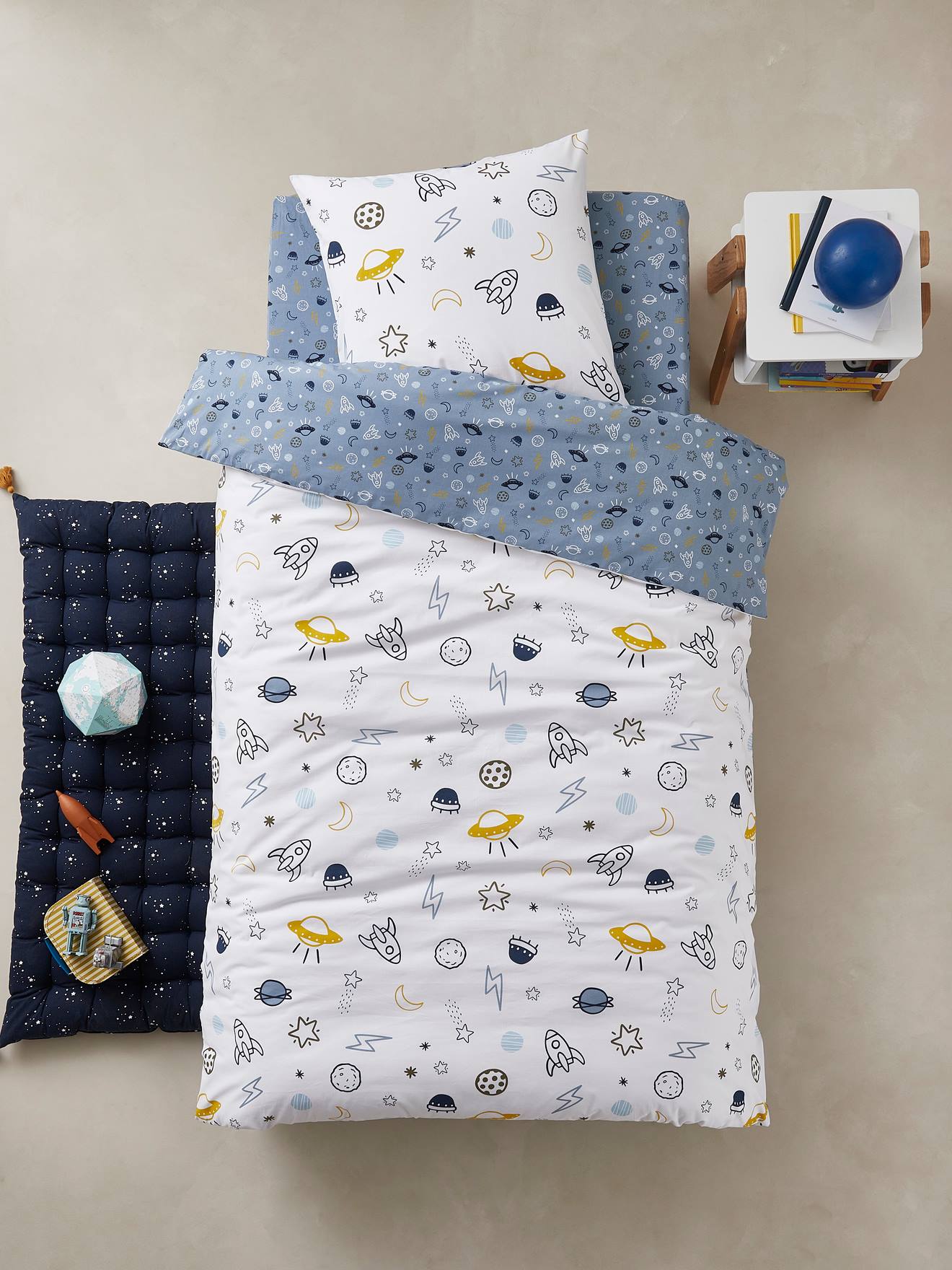 Vertbaudet Kinder Bettwäsche-Set COSMOS Oeko-Tex - blau/weiß bedruckt