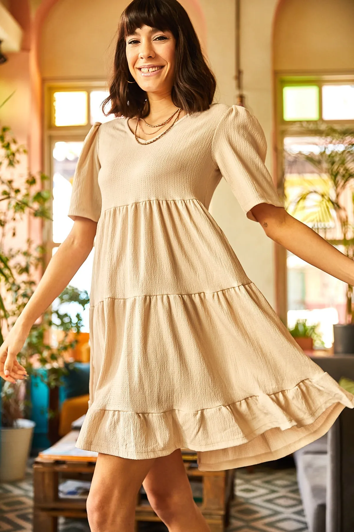 Olalook  Lässiges Strickkleid für Damen in Steinoptik mit V-Ausschnitt ELB-19001695