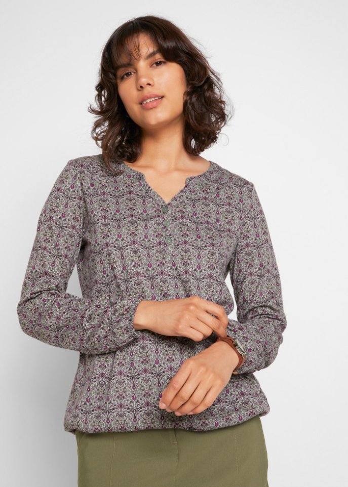 Bedrucktes Langarmshirt mit Henley-Kragen