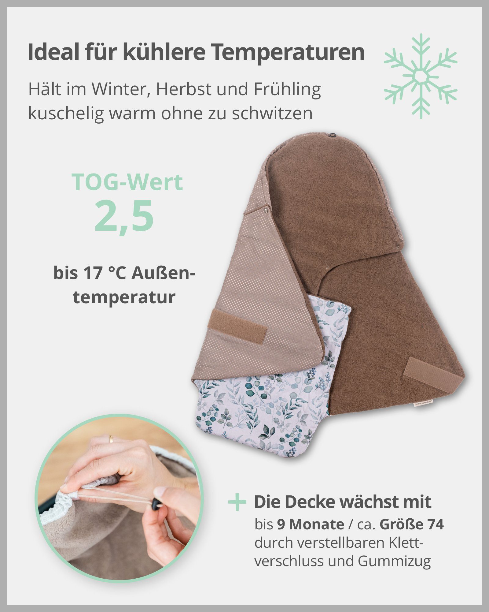 Einschlagdecke Für die Babyschale, Eukalyptus, Made in EU, ULLENBOOM ®, Optimal für Frühling, Herbst und Winter, TOG-Wert 2,5