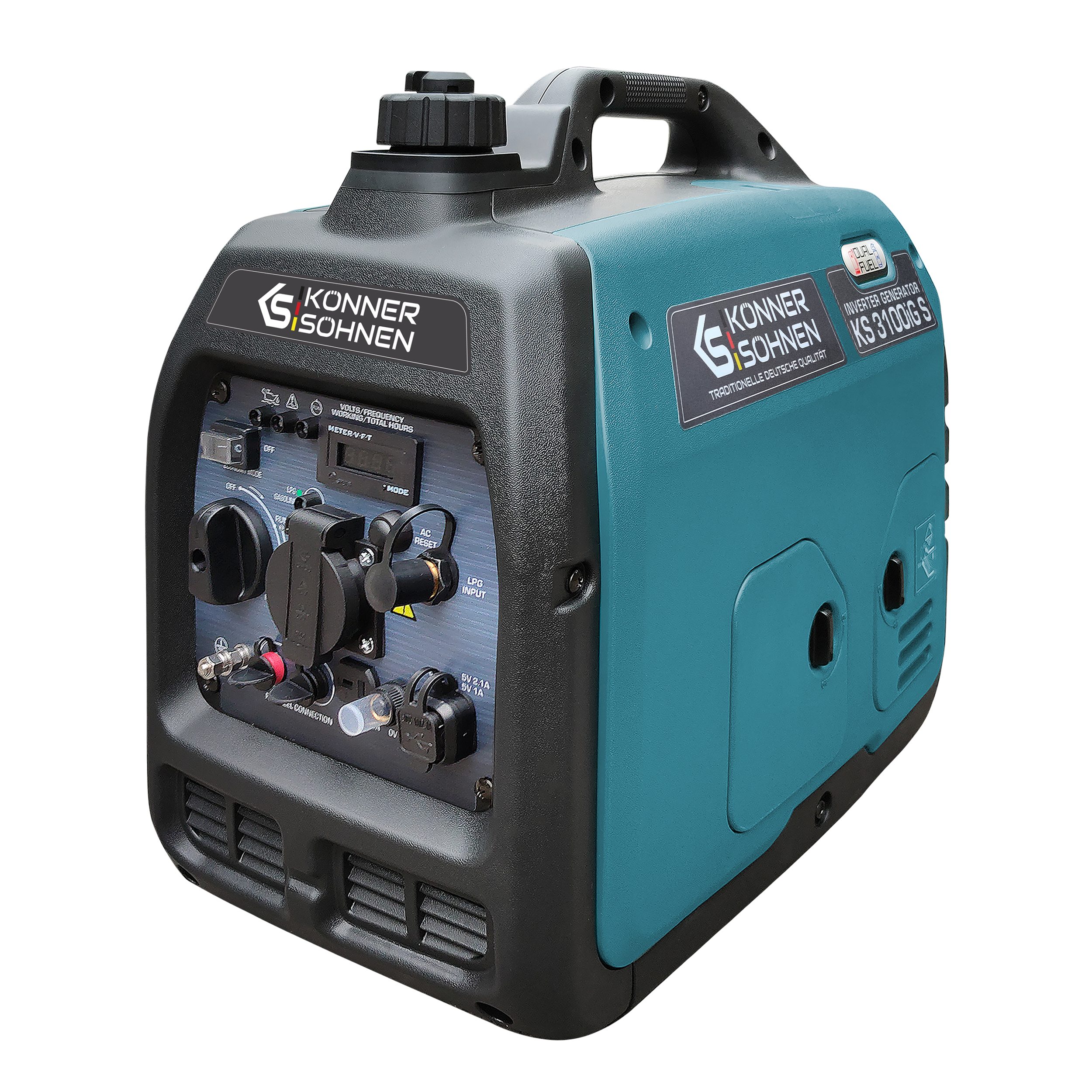 Könner & Söhnen Stromerzeuger KS 3100iG S, 3,10 in kW, (Schallgedämmtes Gehäuse (63 dB Lpa 7 m), 1-tlg., Schuko-Steckdose 230 V, 2 USB-Anschlüsse, LED-Anzeige), Kupferwicklungen, Kurzschluss- und Überlastschutz, Abgasnorm EURO V