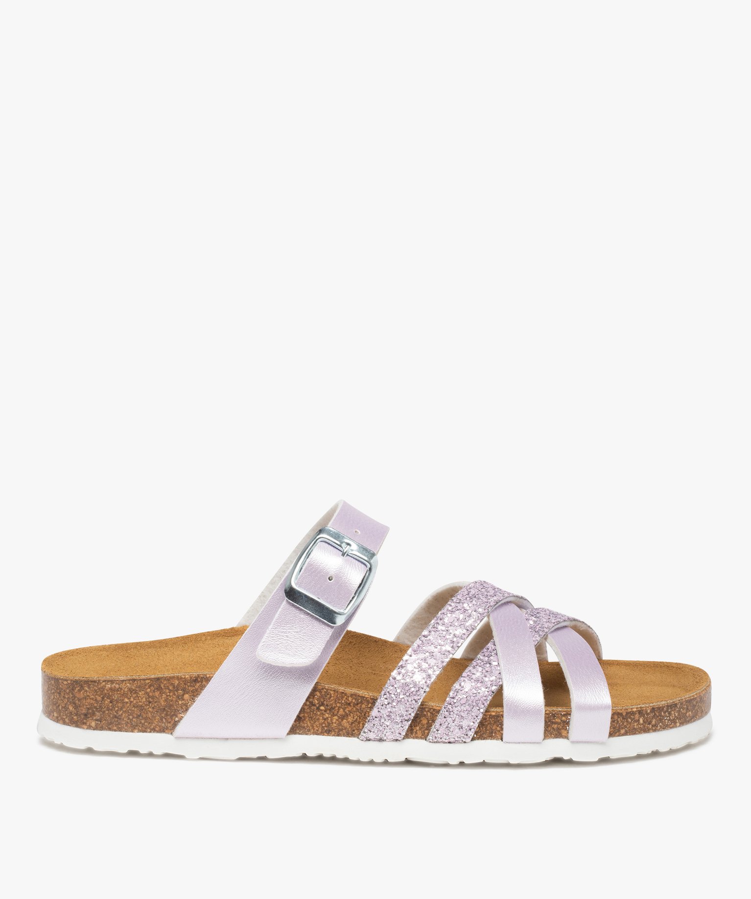 Mules femme plates à brides métallisées et pailletées violet clair | GEMO