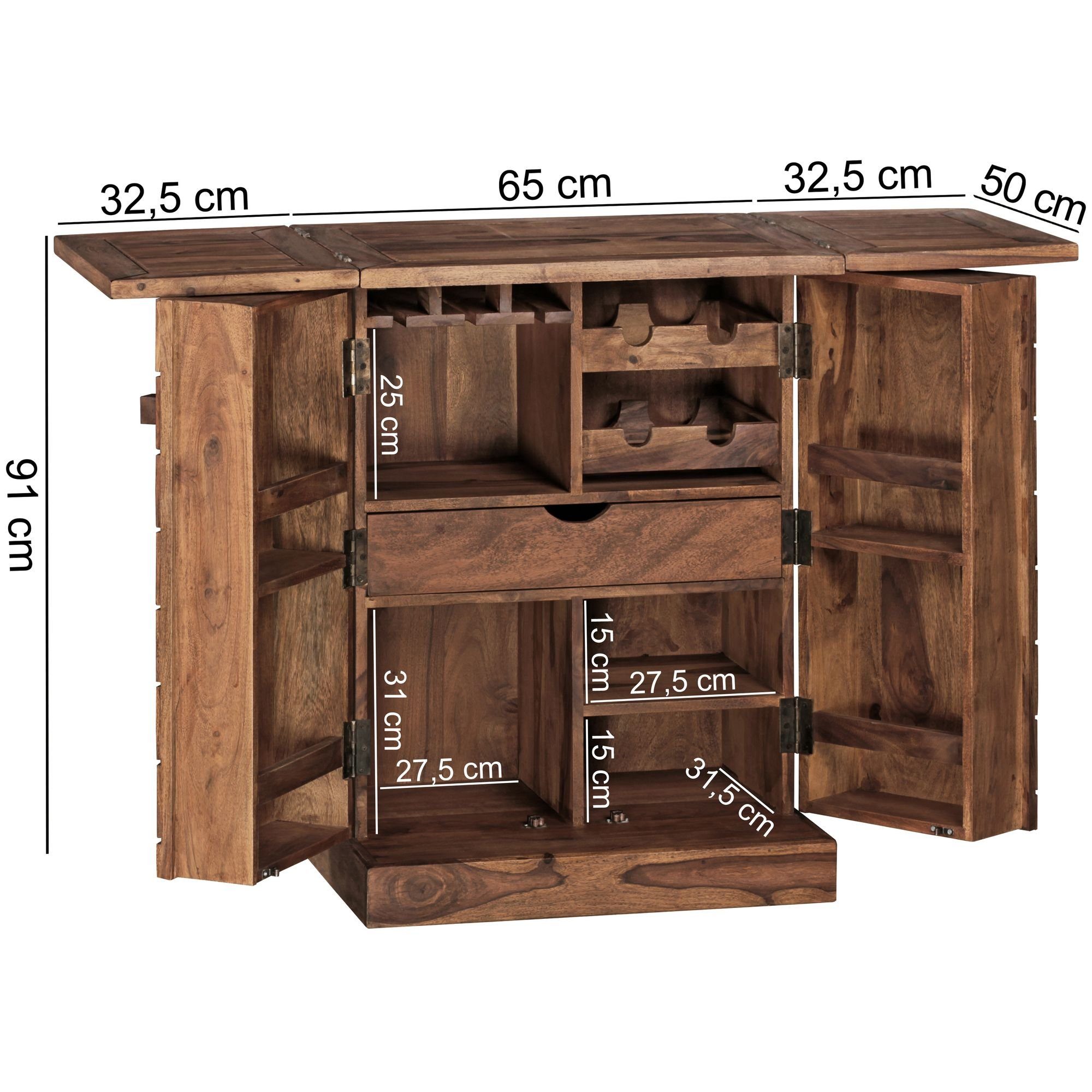 KADIMA DESIGN Barschrank Hausbar Massivholz Sheesham Vitrine ausklappbar