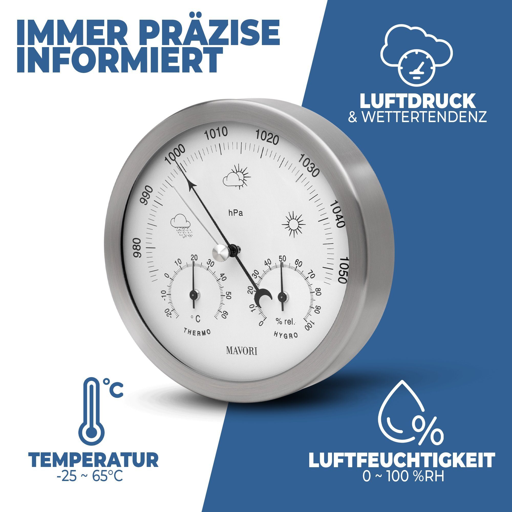 MAVORI Wetterstation analog - 3in1 Barometer, Hygrometer & Thermometer Wetterstation