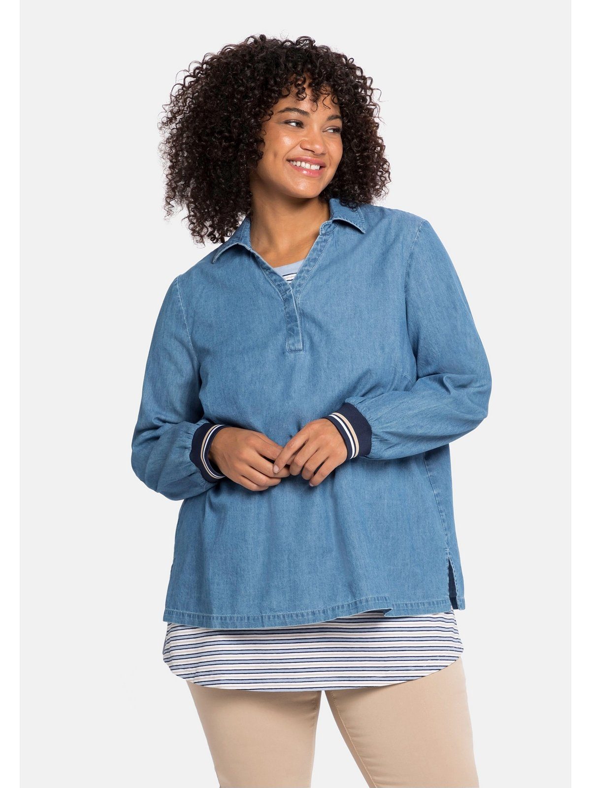 Sheego Tunika Große Größen aus Denim mit Blusenkragen und Kontrastbündchen