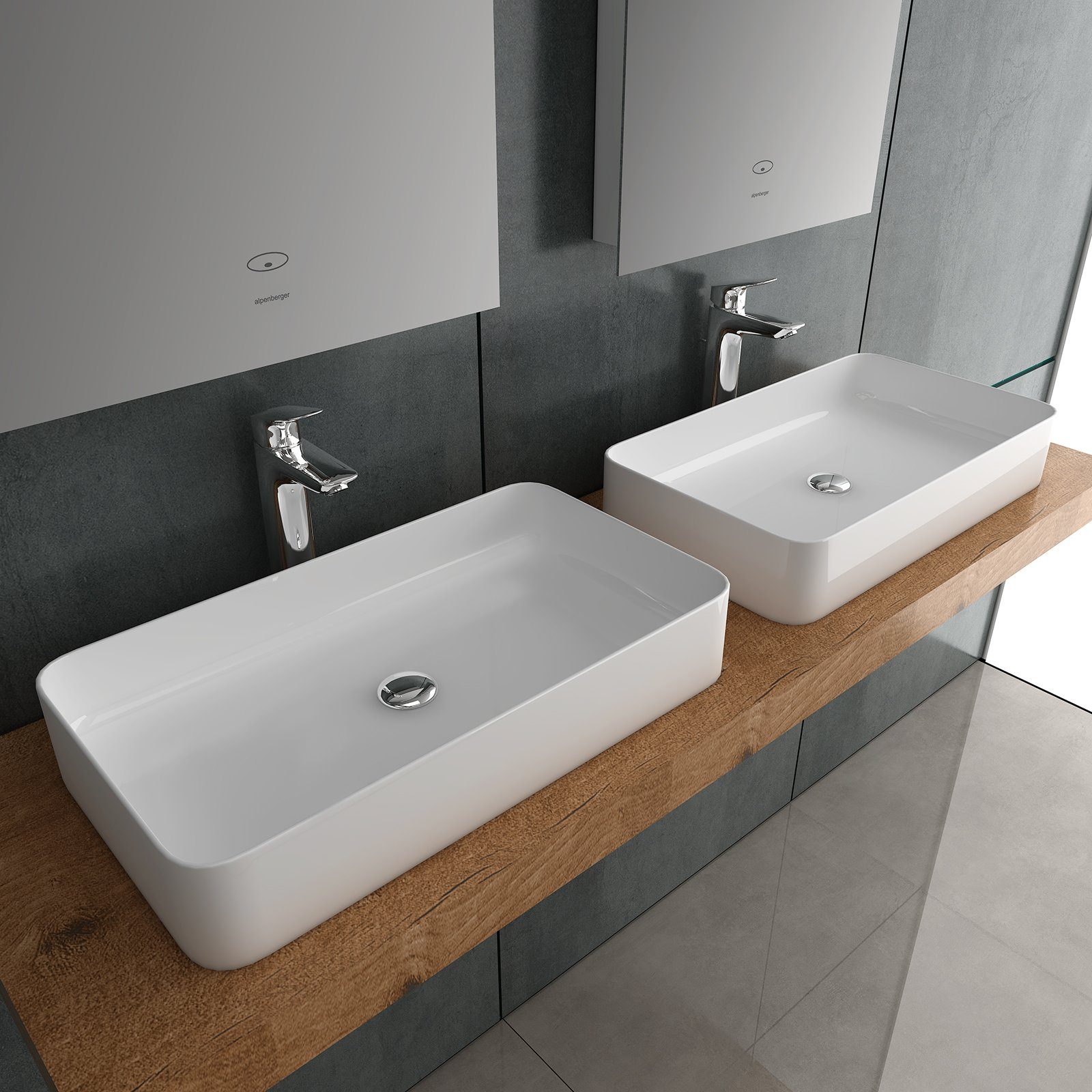 Alpenberger Aufsatzwaschbecken Keramik Waschbecken 60 cm Breit mit Nano (1-tlg., Aufsatzwaschtisch), eckiger Waschtisch mit Lotus Effekt, hygienisch und elegant