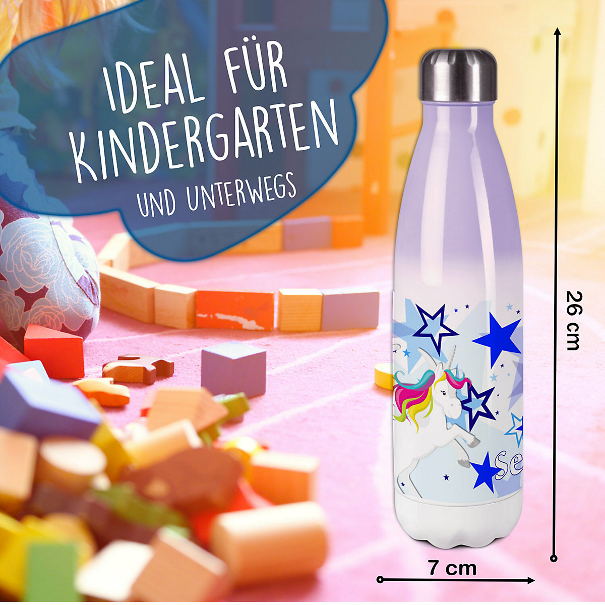 Edelstahl Kinder Thermoflasche / Trinkflasche bunt Pegasus Sterne Farbe blau Spülmaschinenfest, Auslaufsicher, Bruchfest, Doppelwandig, Für Heißgetränke geeignet, Mit Deckel, Isoliert