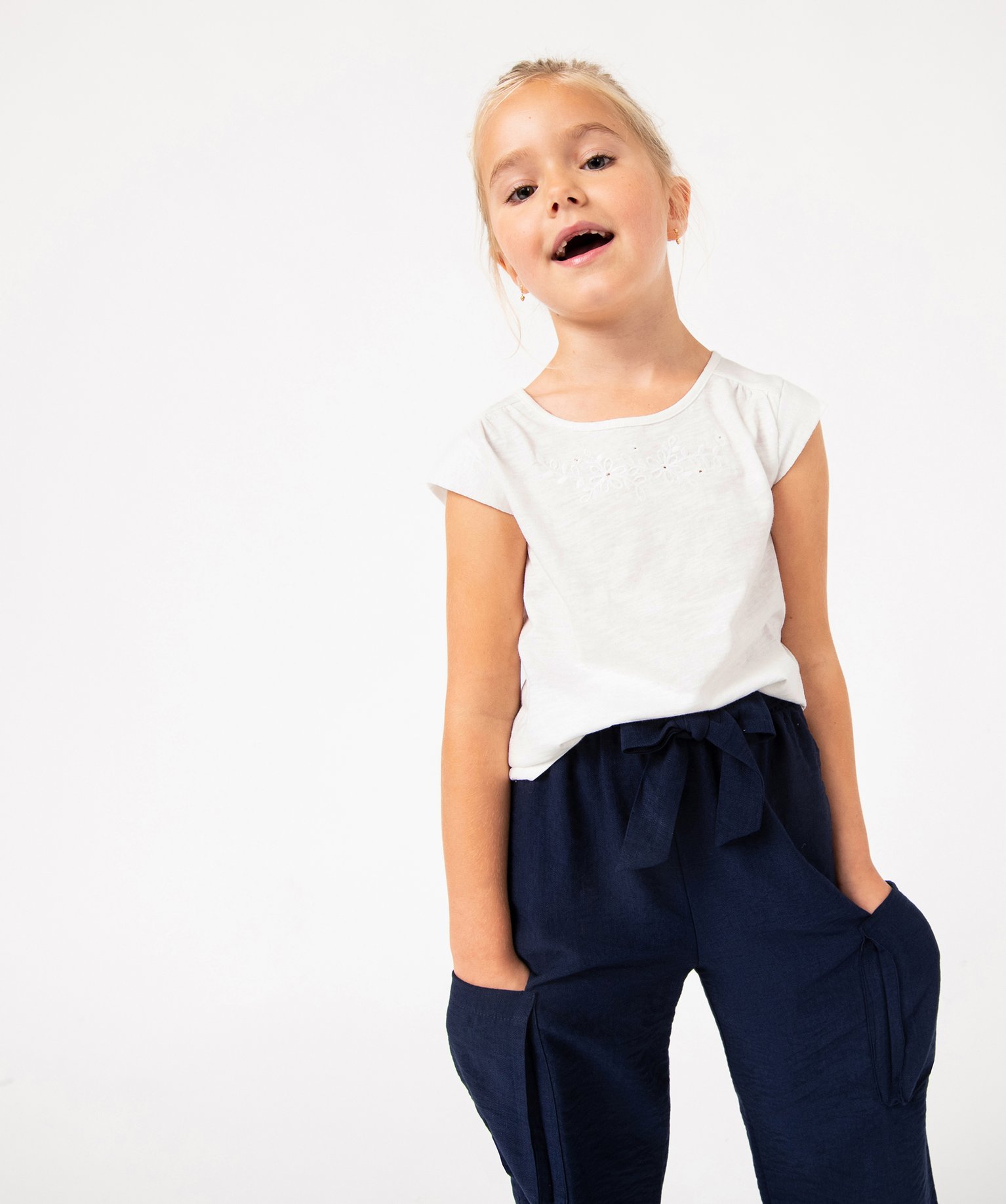 Tee-shirt droit à manches très courtes et broderie fille ecru | GEMO