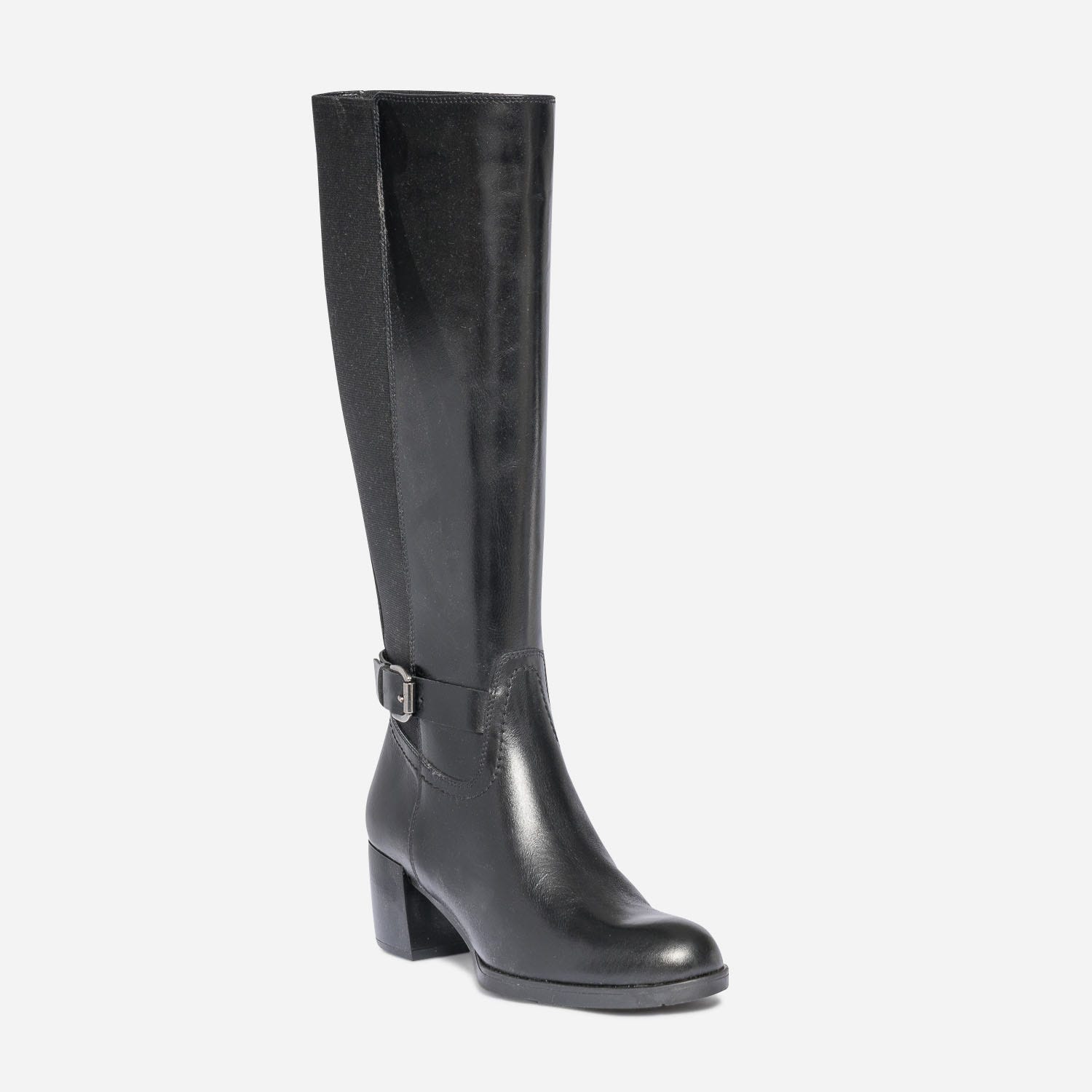 Botte à talon noire en cuir pour mollet fin