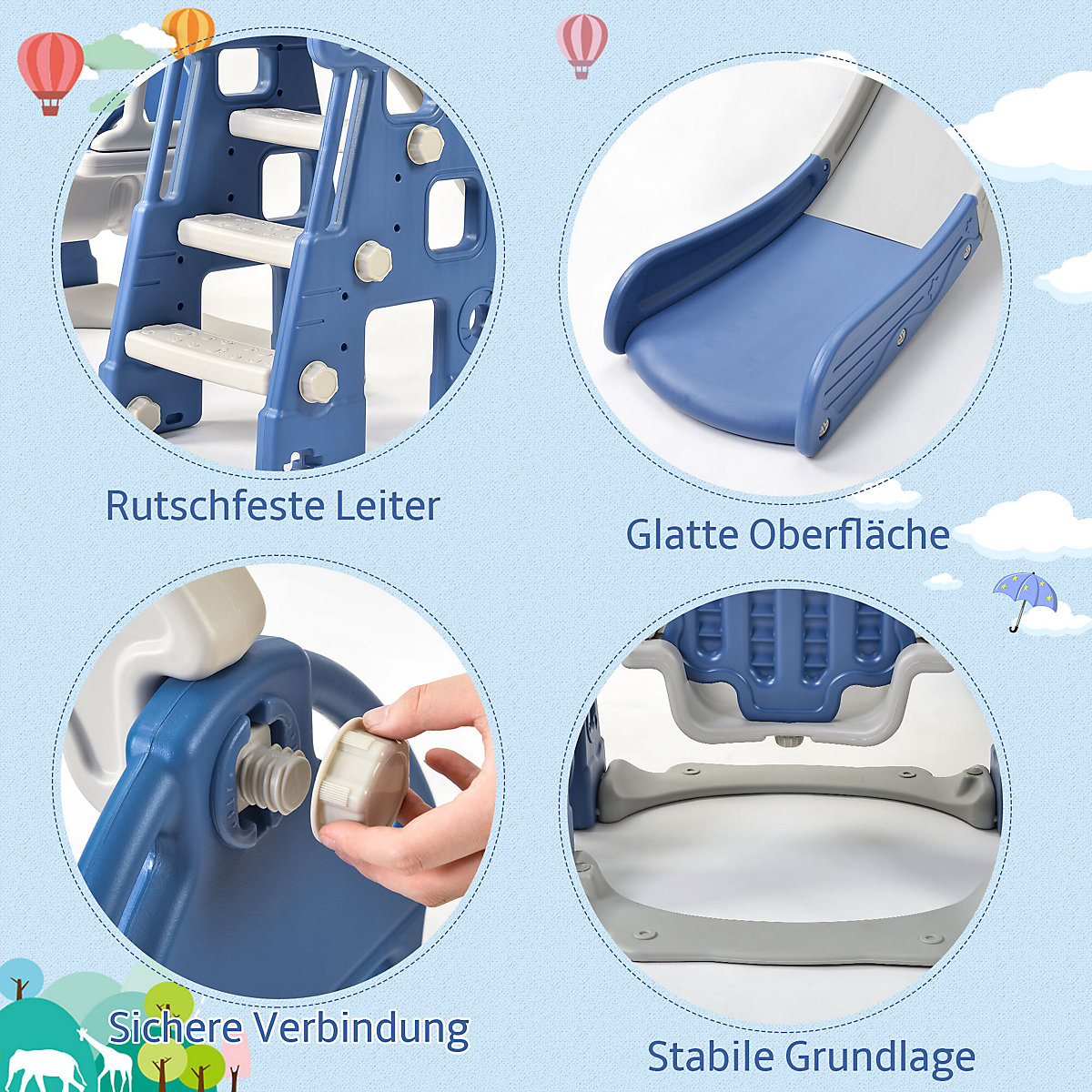 Rutsche mit Schaukeln, Basketballkorb und Fußballtor