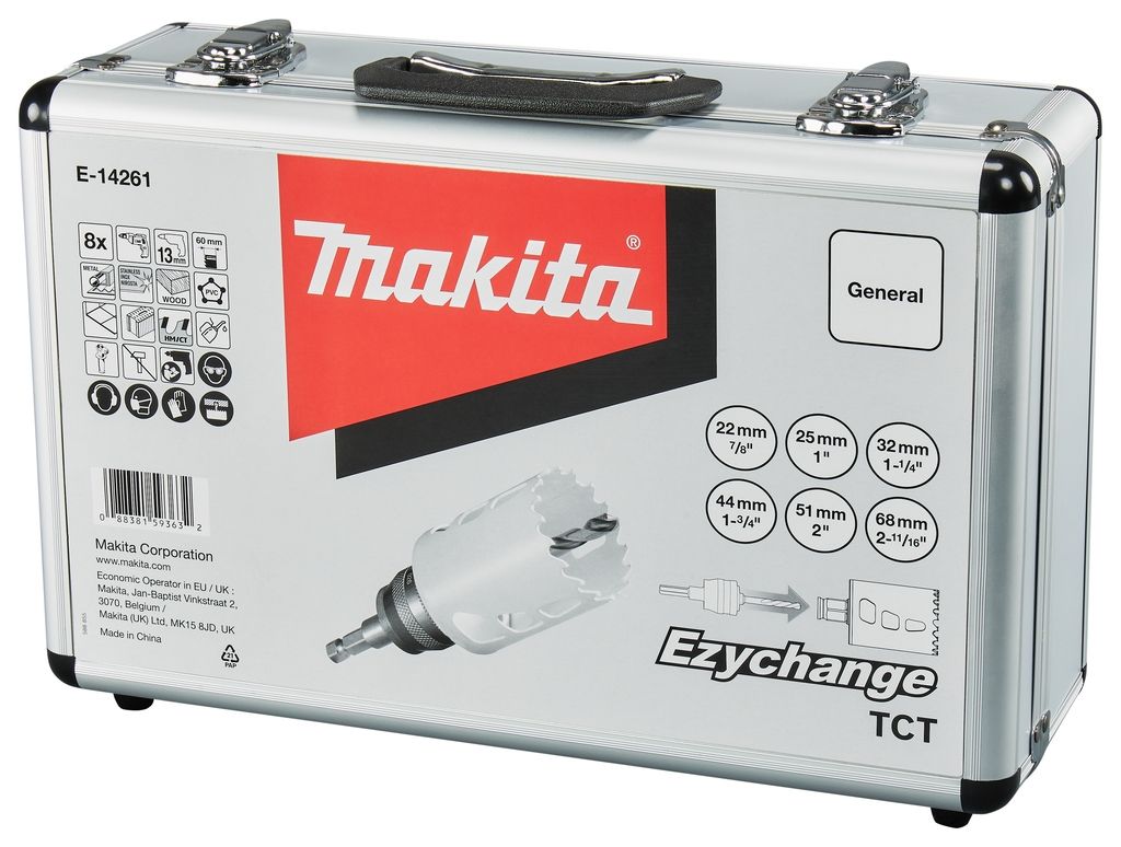 Conjunto de serras copo Makita E-14261 com 8 peças, medidas 22 - 25 - 32 - 44 - 51 - 68 mm, para madeira/metal/pedra, sistema Ezychange, estojo incluso.