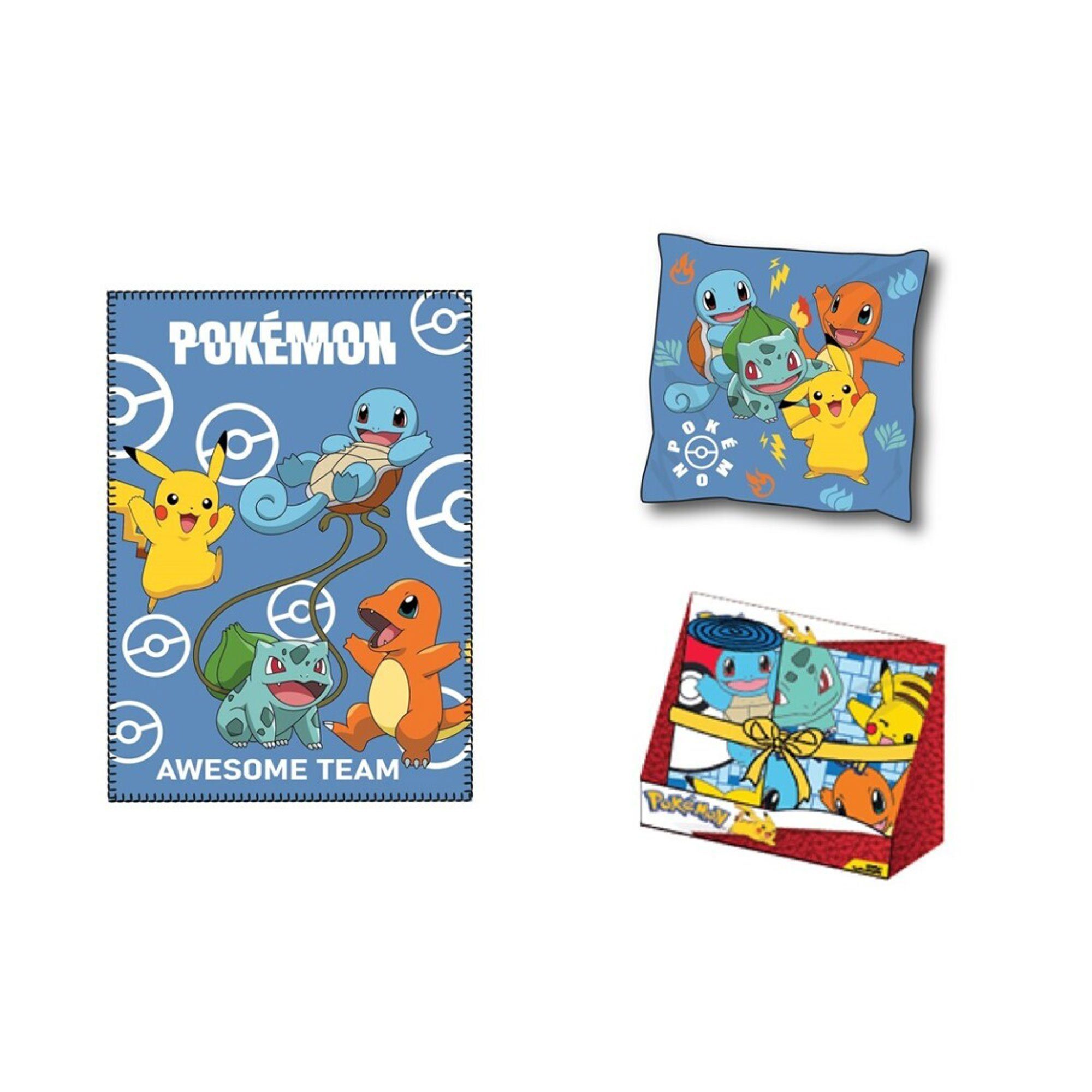 Bett-Set, Geschenkset - Pokemon Team Decke und Kissen - 100x140 cm / 35x35 cm, empireposter