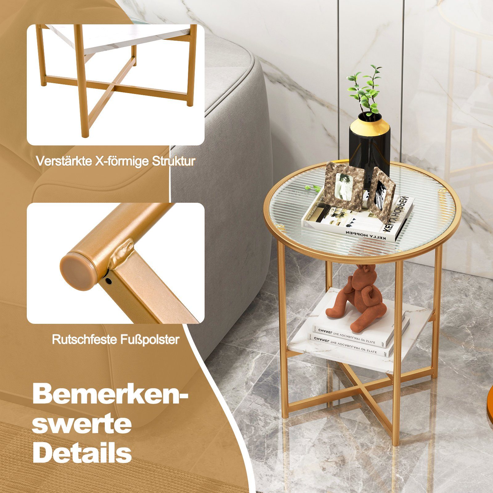 COSTWAY Beistelltisch, rund, mit gehärtetem Glas & Ablage aus Marmor, gold