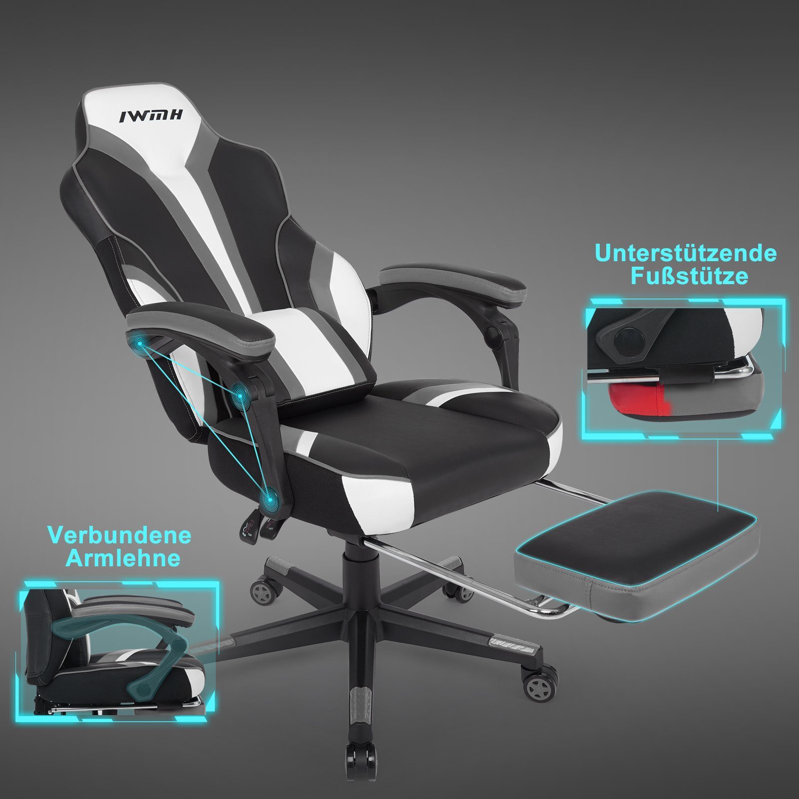 Intimate WM Heart Gaming-Stuhl, mit hoher Rückenlehne, Massage-Lendenstütze und klappbarer Fußstütze