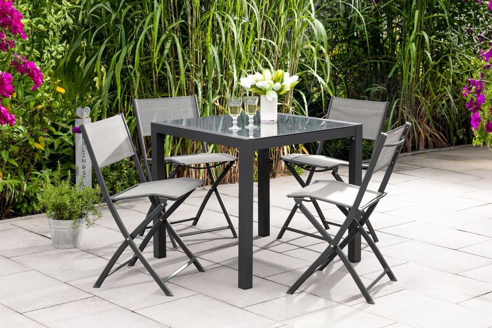 HC Garten & Freizeit Glastischset Bistroset Balkonset aus Aluminium mit 4 Stühlen & 1 Glastisch, 5-teilig