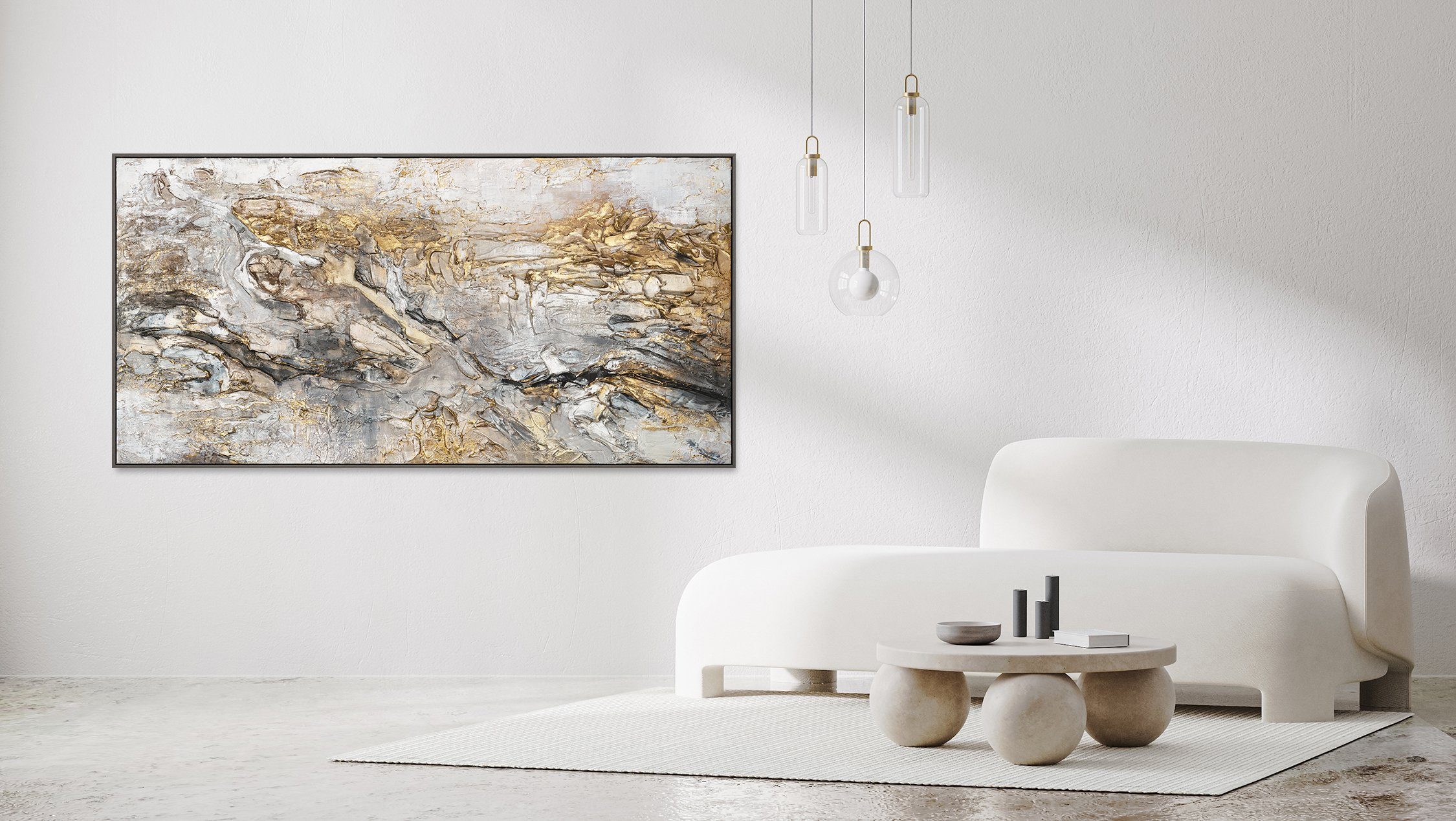 YS-Art Gemälde Klassik, Schwarz Weiß Gold auf Leinwand Bild Handgemalt Abstrakt mit Rahmen