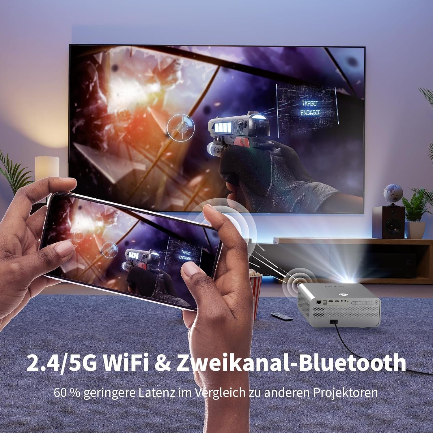 WEWATCH 4K, WEWATCH S3 Full HD mit 5G WiFi Bluetooth, Heimkino, Portabler Projektor (20000 lm, 19000:1, 3840 x 2160 px, Elektronischer Fokus/6D Trapezkorrektur, LED kompatibel mit TV Stick)