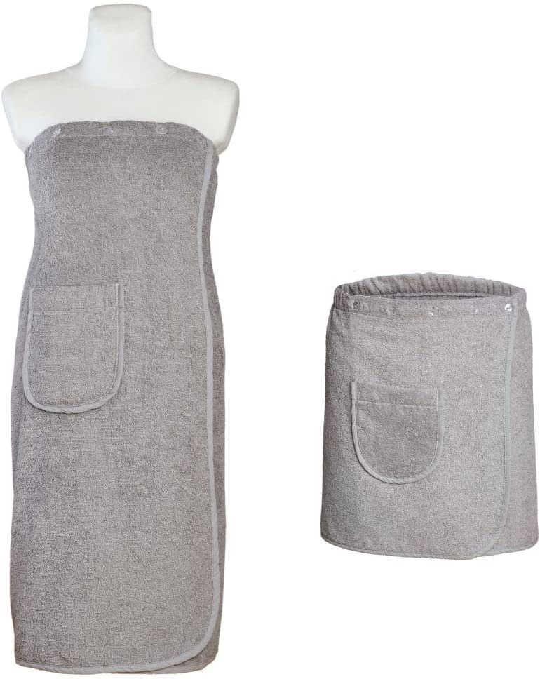 Carenesse Saunatuch Sauna Kilt Set Damen & Herren grau Weiches OneSize Sauna-Kleid Sarong, Baumwolle, Frottee Saunatuch, flexibler Gummibund & 5-fach Knopfleiste Saunakilt