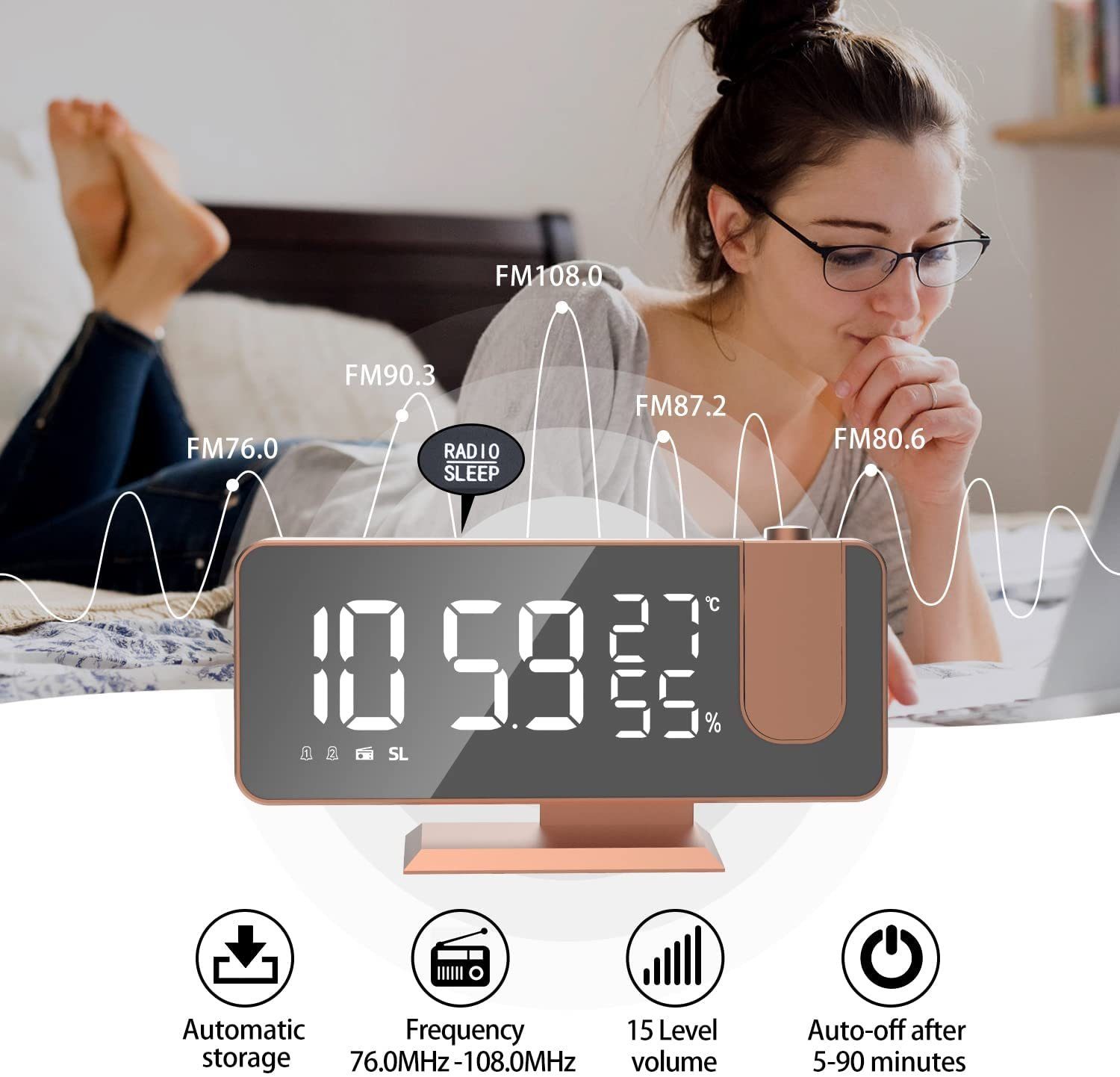 Mutoy Projektionswecker Projektionswecker, Projektions Radio Wecker digital mit Dual-Alarm 180° Projektor,LED-Anzeige, Snooze,4 Projektionshelligkeit,32FM Radio