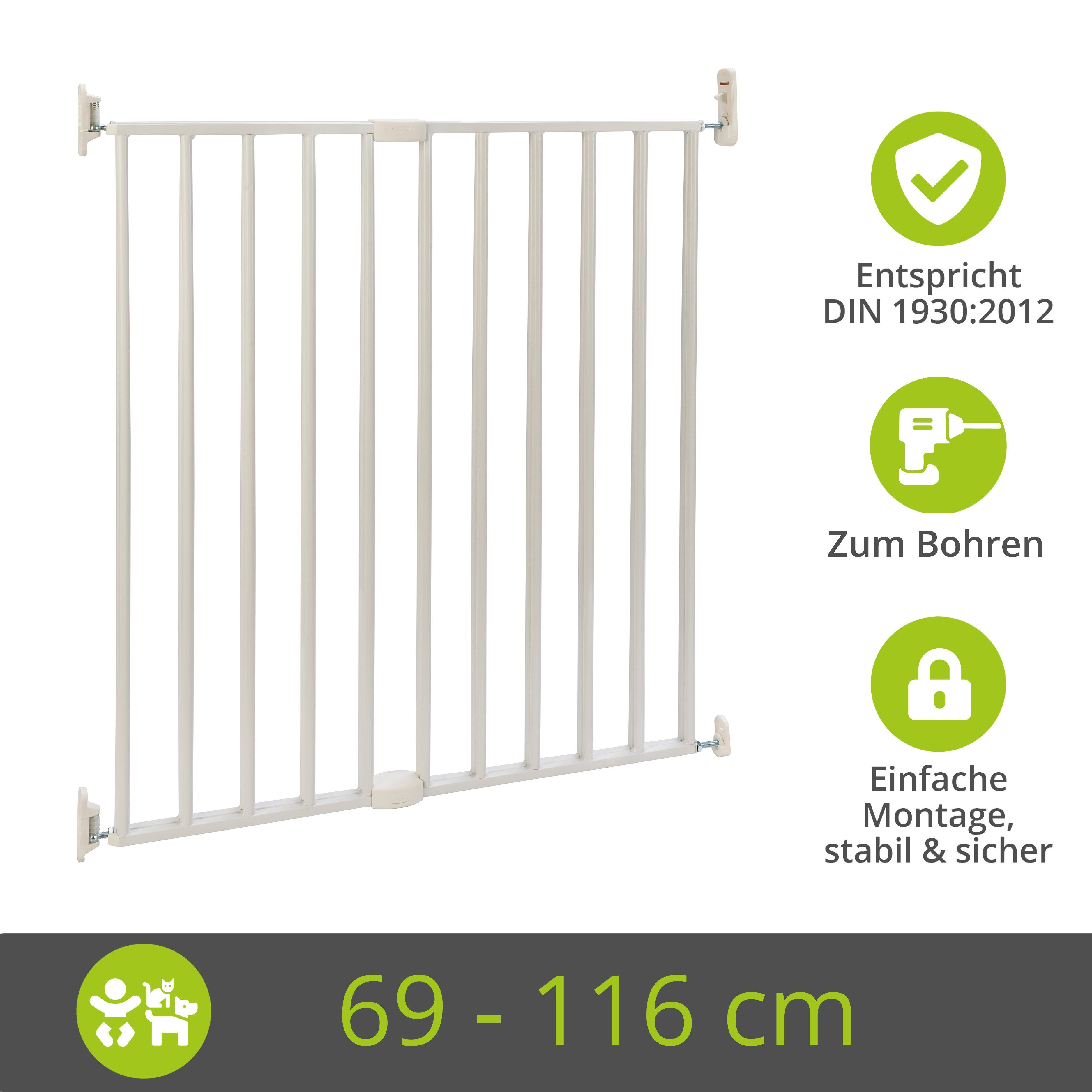 BOMI Treppenschutzgitter Türschutzgitter für Haus & Garten Maja 69-142 cm, Extrahoch mit 93 cm - 90 Grad Feststellfunktion der Tür - Ohne Stolperkante