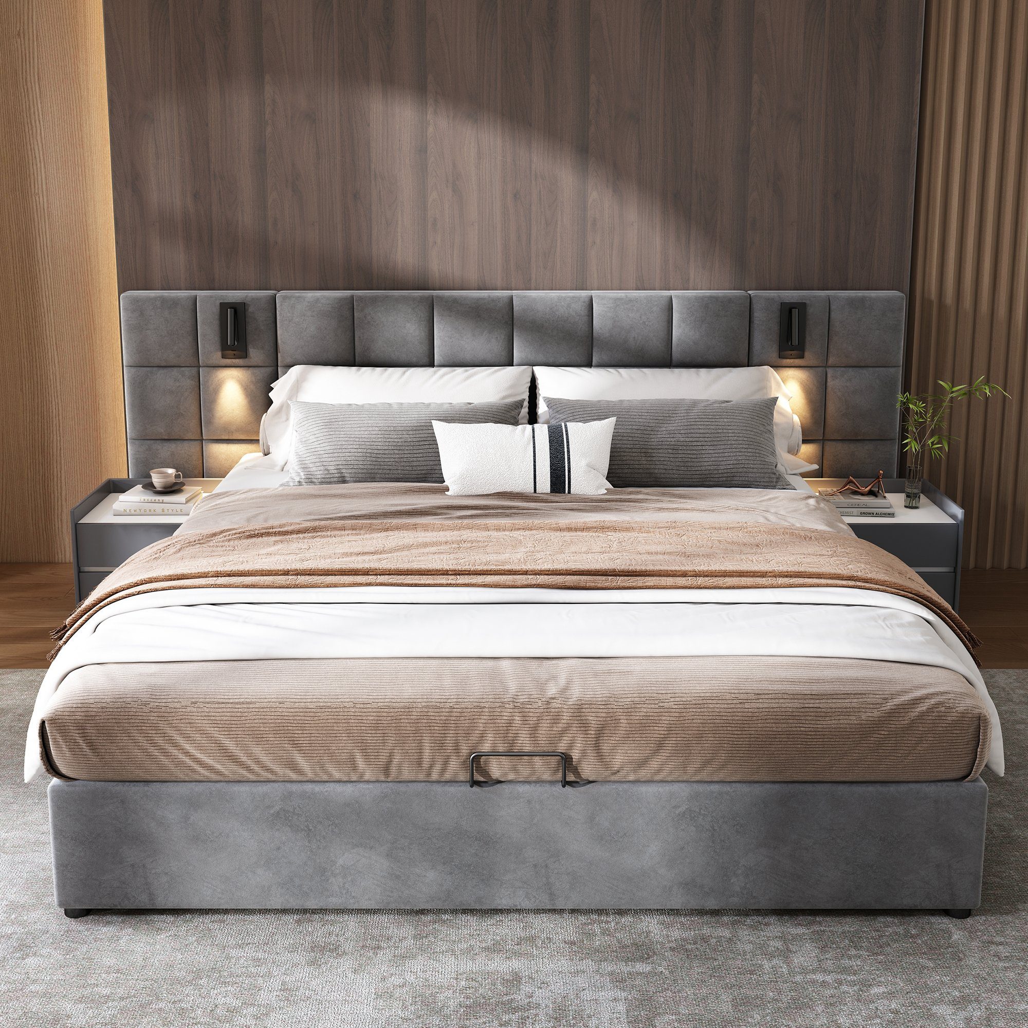 OKWISH Polsterbett Hydraulisch Stauraumbett mit richtungsabhängige (Breites und Schaumstoffgefülltes Kopfteil,Schachbrettmuster, aus Stahlrahmen und Verbundplatten,Samt), 140*200cm,grau