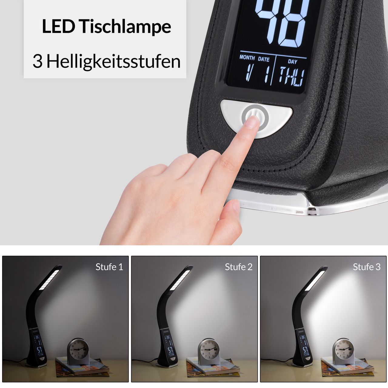Monzana monzana® Tischlampe LED Lilly Uhr - Temperaturanzeige 50 x 9 x 6,5cm schwarz